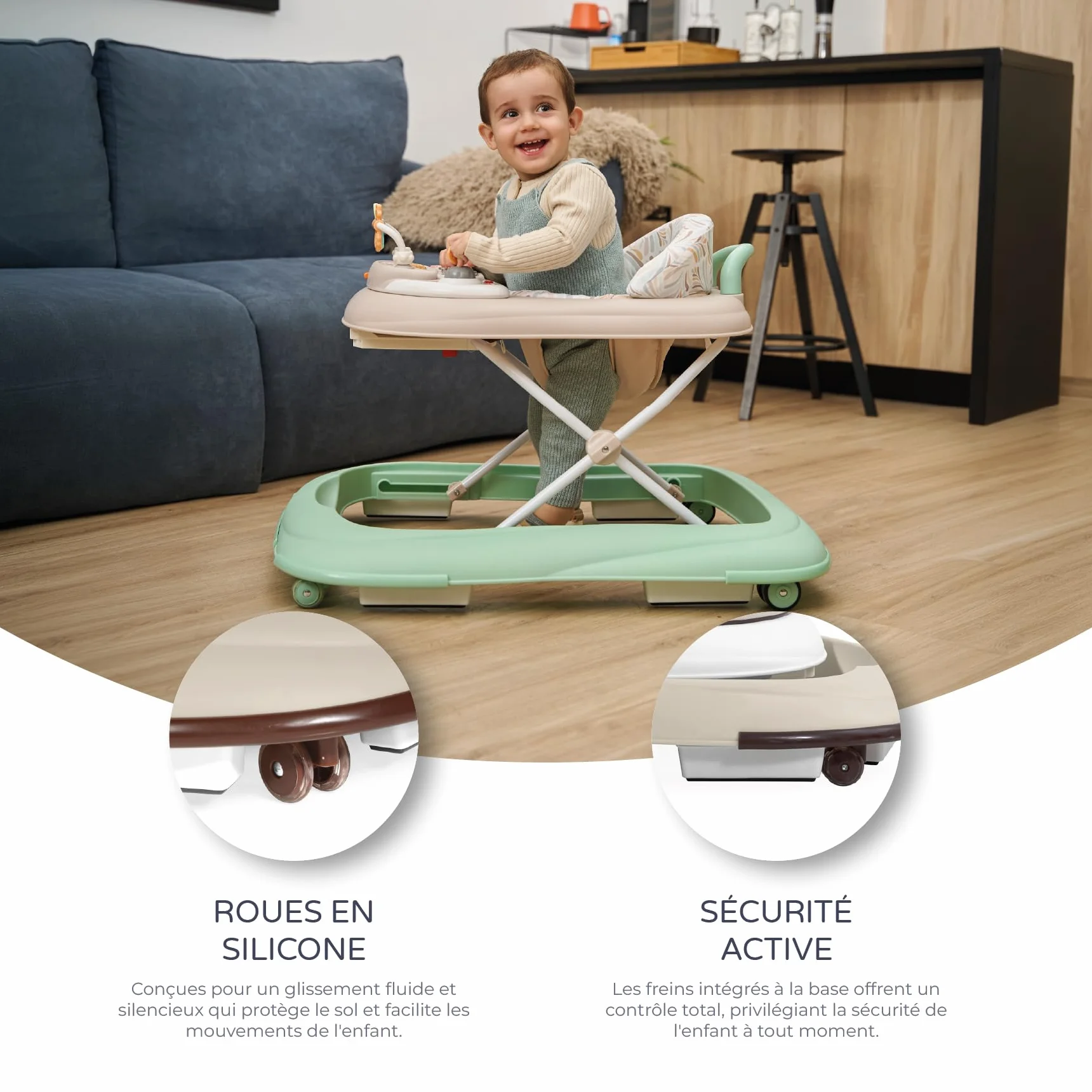 Trotteur BASIC PLUS pour bébé avec plateau de jeux interactif, sons, roues silicone, 3 hauteurs