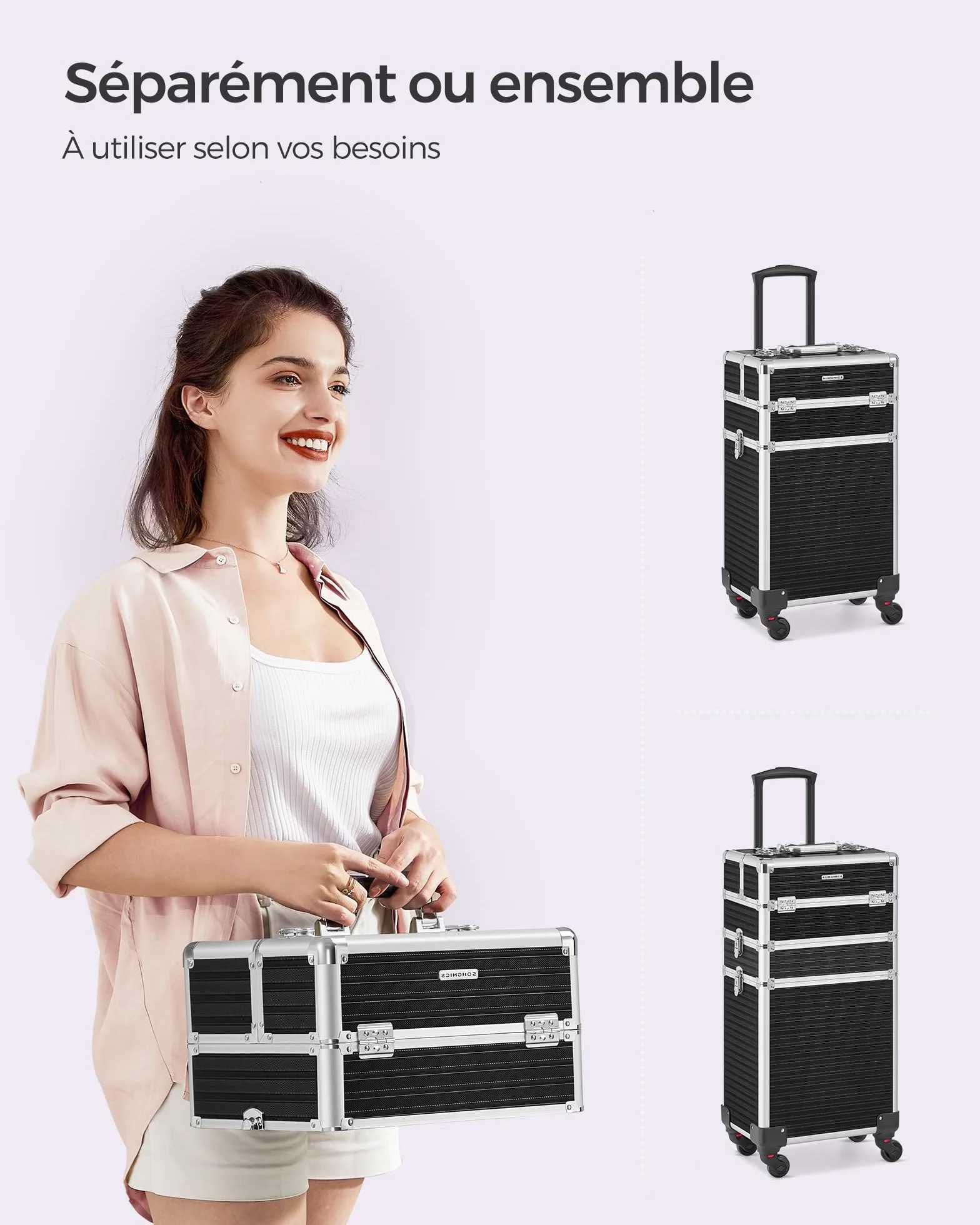 SONGMICS Valise de Maquillage Professionnel 3-en-1, Mallette Cosmétique XXL 34 x 24 x 70,5 cm, Noir