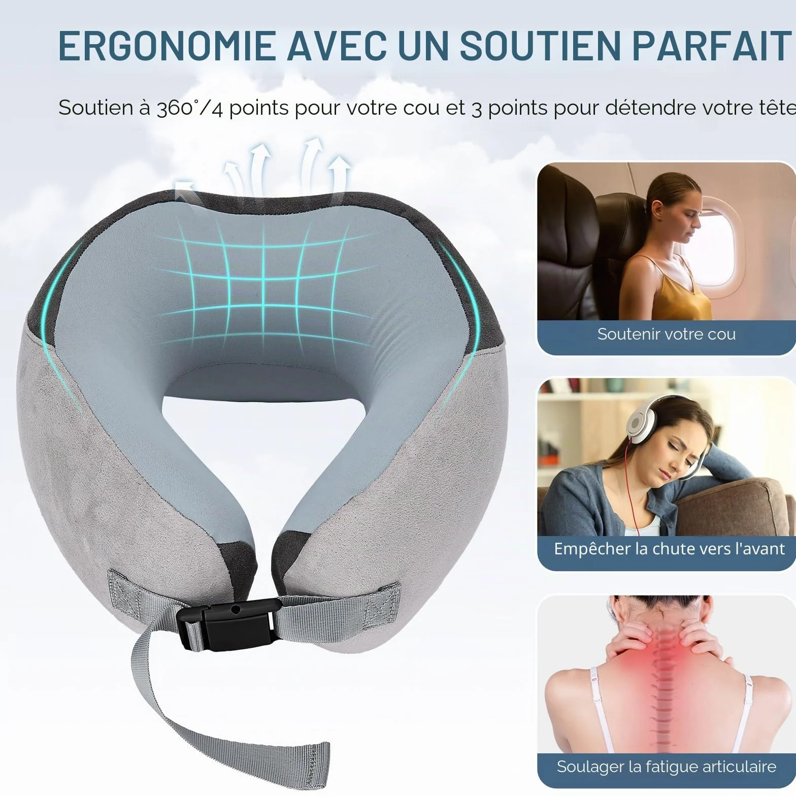 Oreiller de Voyage pour Avion en Mousse à Mémoire de Forme, Coussin Avion Soie de Glace Réglable avec Sac de Rangement (Gris)