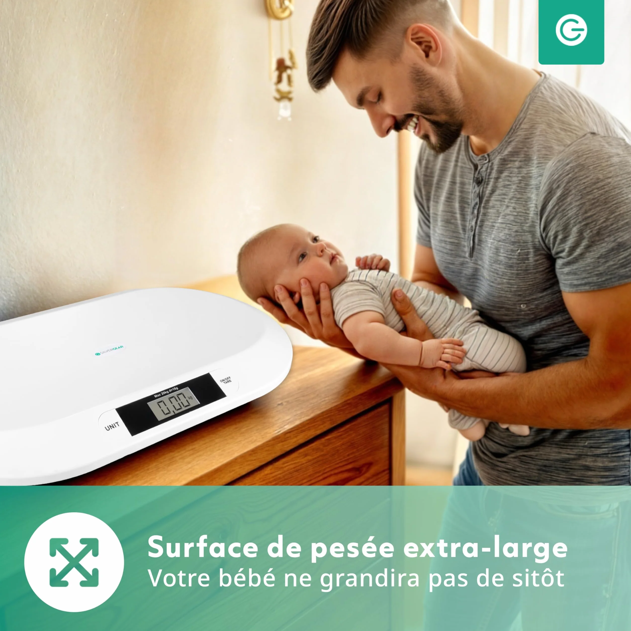 Silvergear Balance numérique pour bébé 20 kg - Balance nouveau-né avec affichage LED - 54,5 x 31,5 x 3,5 cm