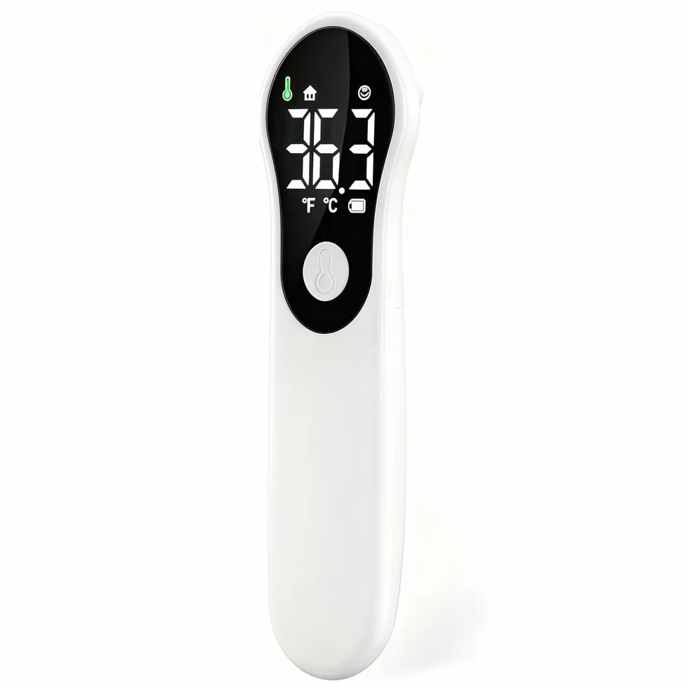 Thermomètre Frontal Sans Contact Infrarouge Numérique pour Adultes et Bébé, Écran LCD, Alerte Fièvre, Blanc
