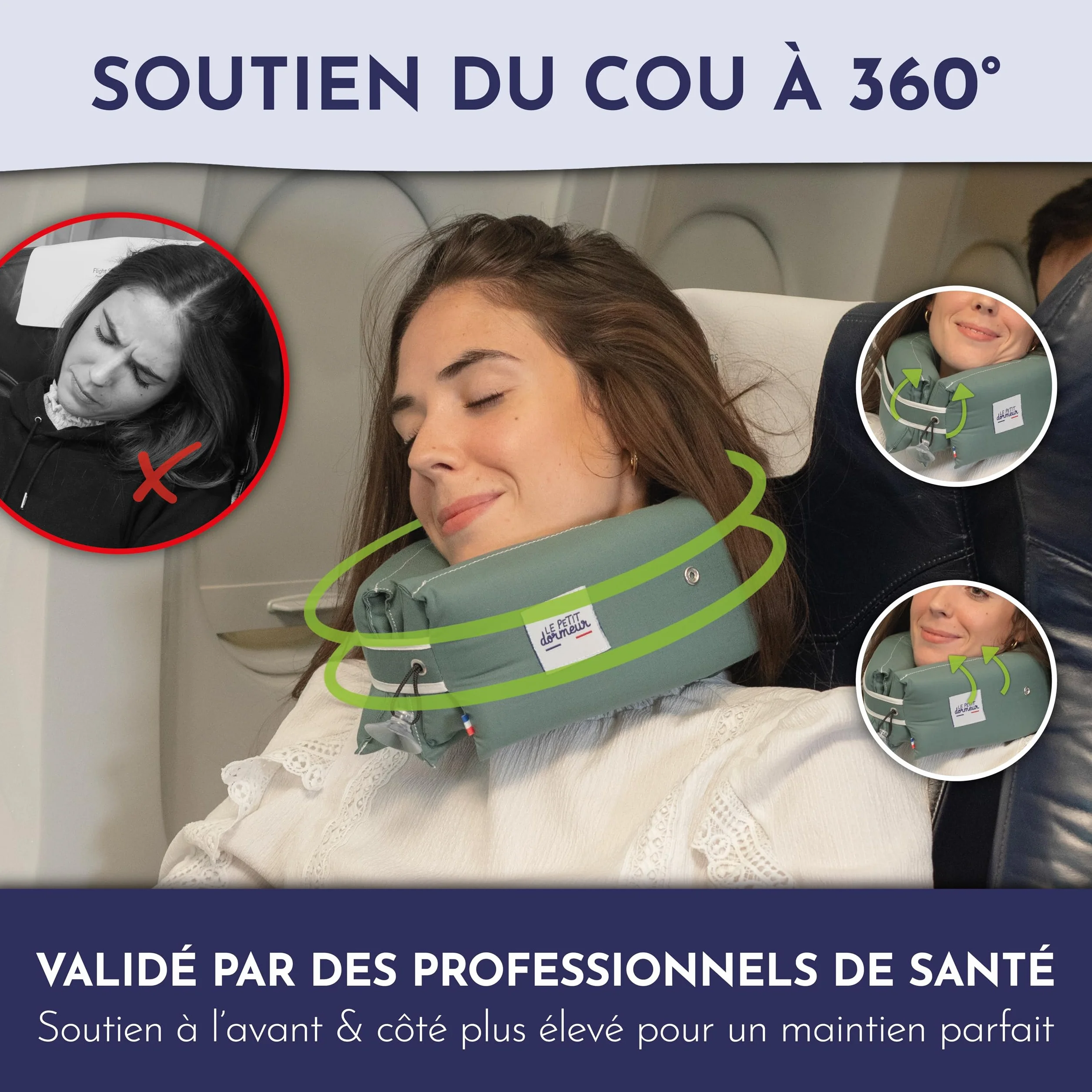 Coussin de Voyage 3 en 1 Ergonomique - Oreiller Avion Ultra Confort - Fabriqué en France - Lavable en Machine