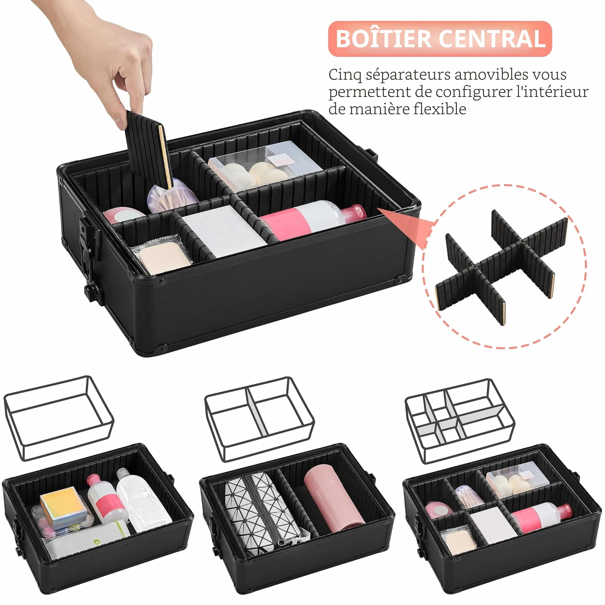 Yaheetech Valise Maquillage à roulettes 4 en 1 Cadre Aluminium Professionnelle Noir