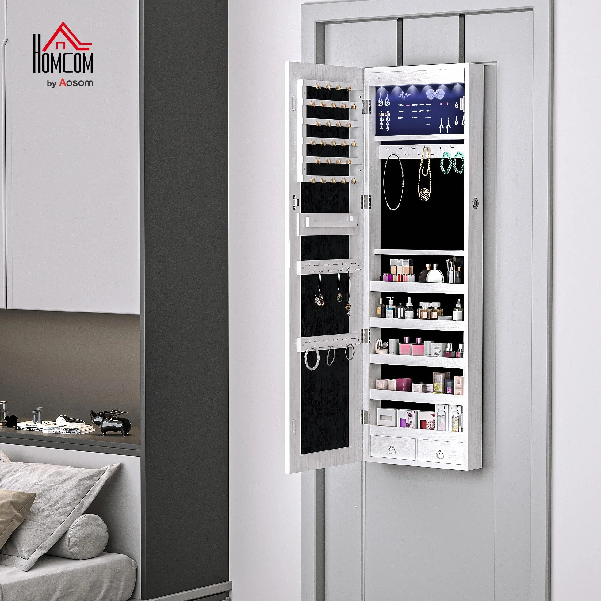 HOMCOM Armoire à bijoux avec miroir LED, verrouillable, fixation porte ou mur, 37x10x120cm, effet bois grisé