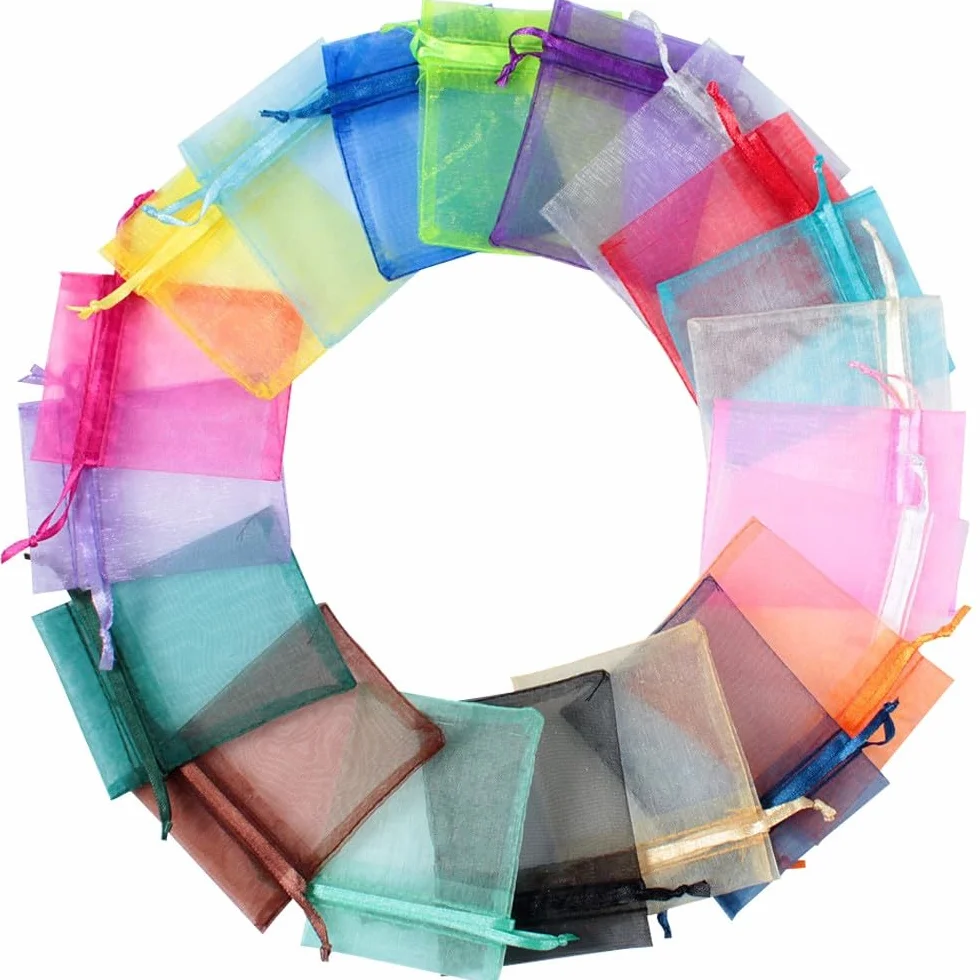 Pochettes cadeaux en organza 5 x 7 cm - Lot de 100 - Multicolores - Cordon de serrage