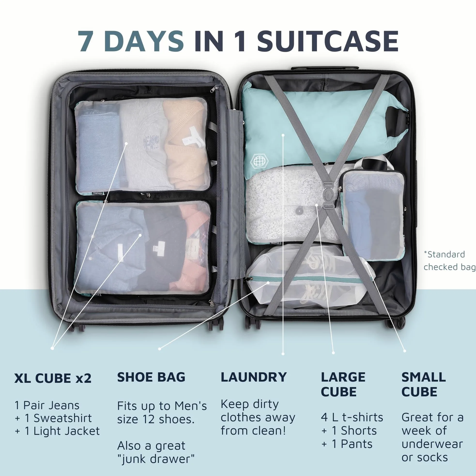Grand cube de rangement avec maille transparente - Cubes d'emballage de compression - Organisateurs de voyage (bleu sarcelle poussiéreux)