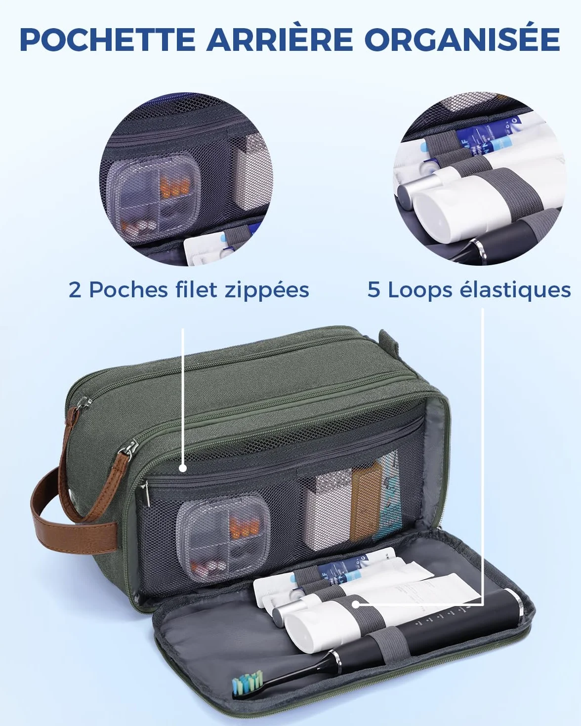 WANDF Trousse de Toilette Voyage Imperméable pour Hommes et Femmes, Sac de Rangement avec Poignée, Vert