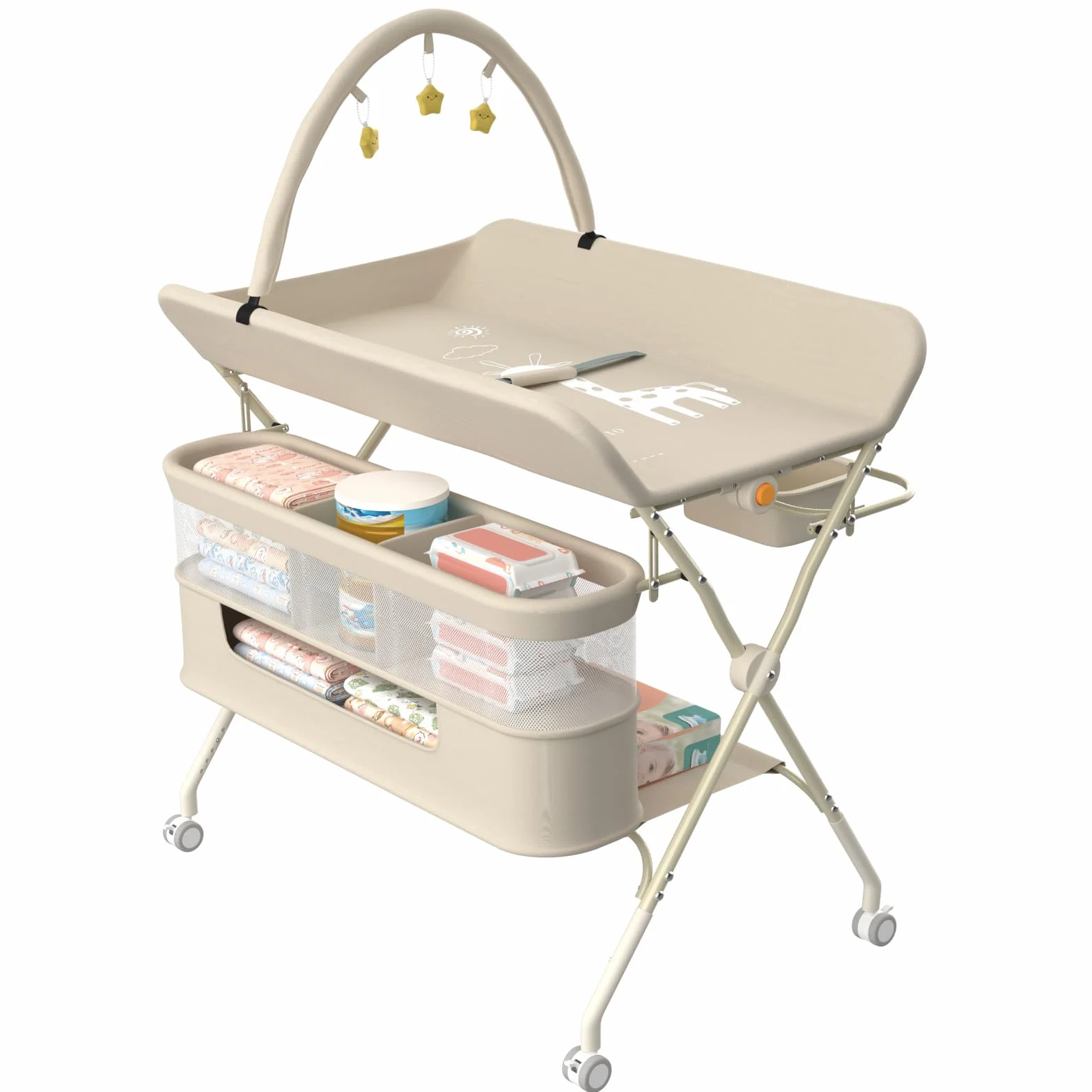 Table à Langer avec Roulettes Panier Rangement Structure Fer Charge Max 25kg 75x68x83-91cm Blanc Crème