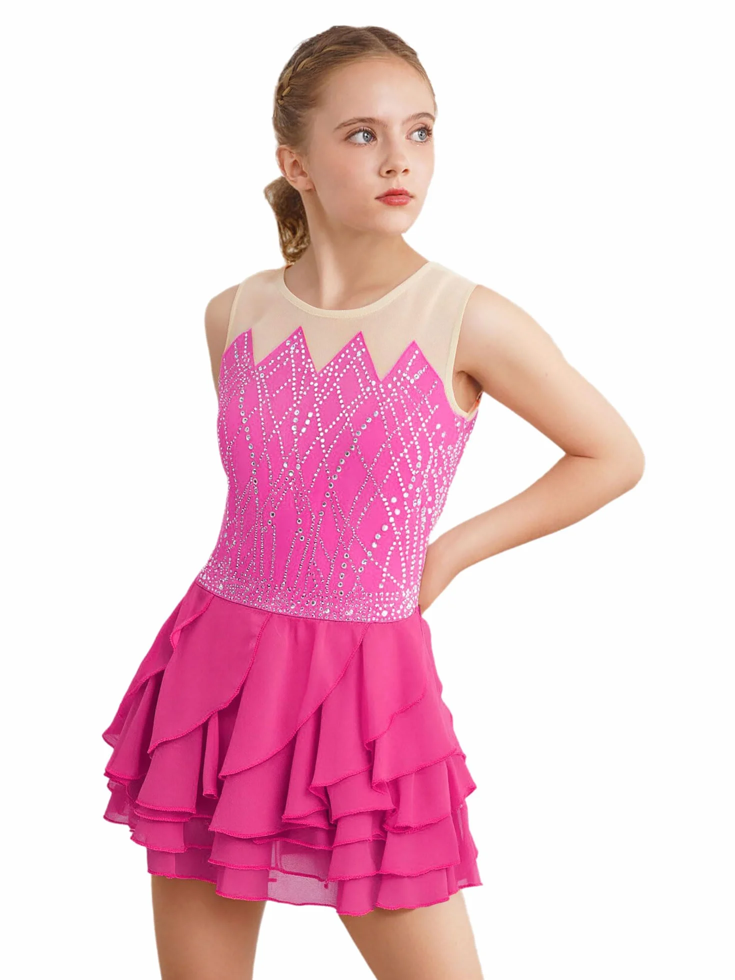 Sxiwei Robe Patinage Artistique sans Manches Strass Justaucorps Gymnastique Danse Spectacle Tenue Compétition