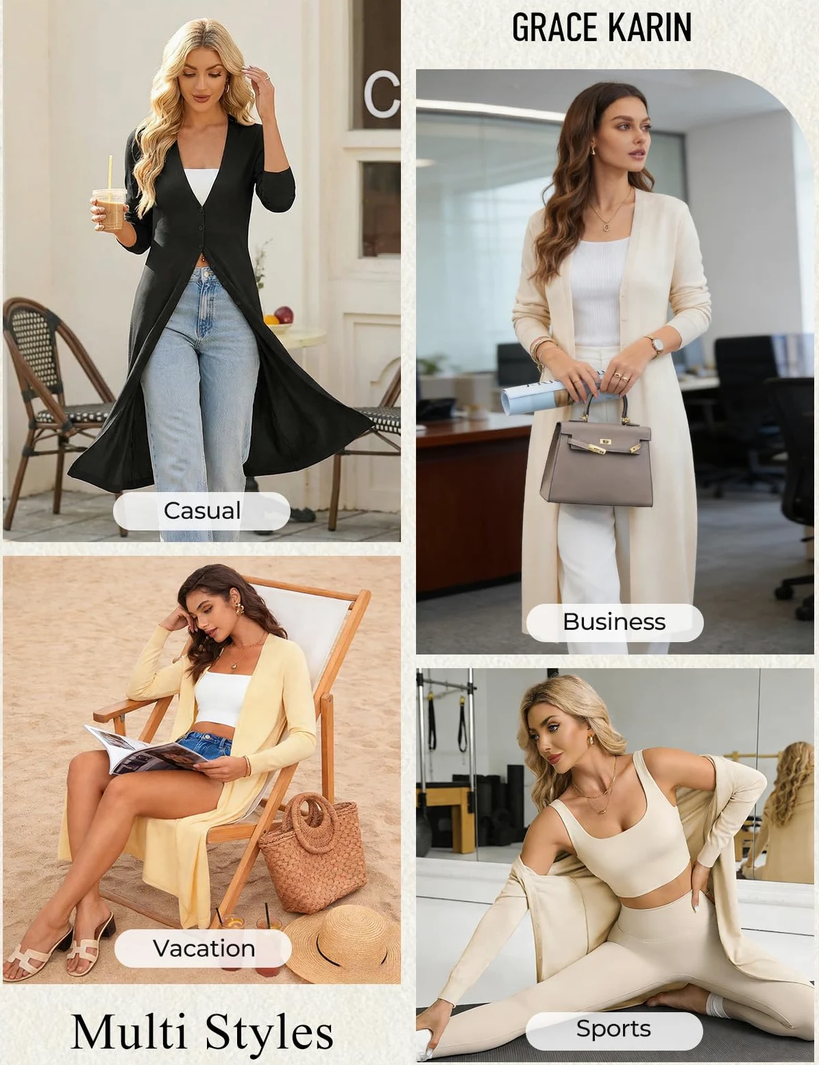 GRACE KARIN Cardigan long et léger pour femme avec col en V élégant et boutons