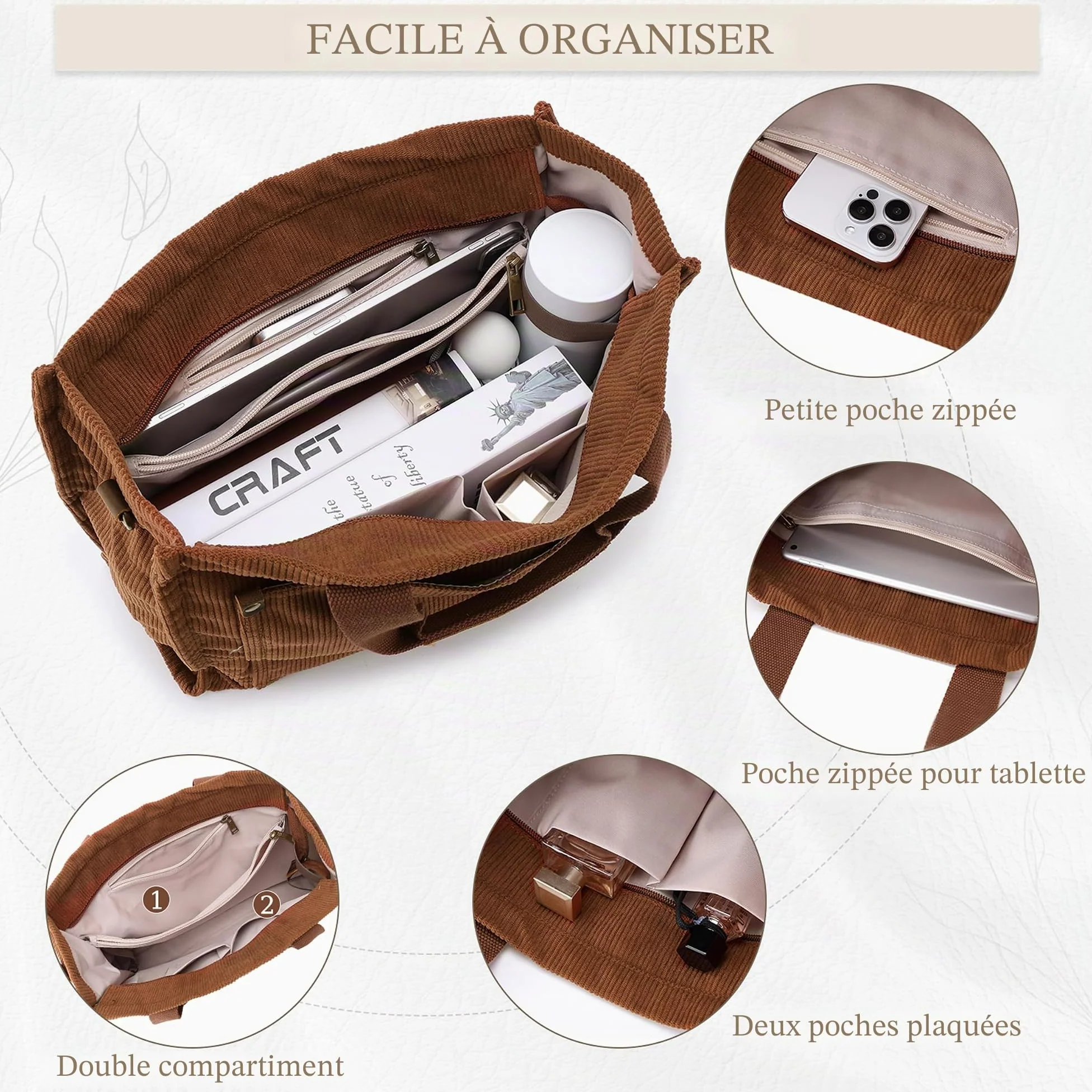 VASCHY Cabas Femme en Velours Côtelé, Tote Bag Zippé avec Bandoulière Amovible, Sac Porté Épaule Léger pour Travail, Cours et Shopping, 37 x 11 x 32 cm