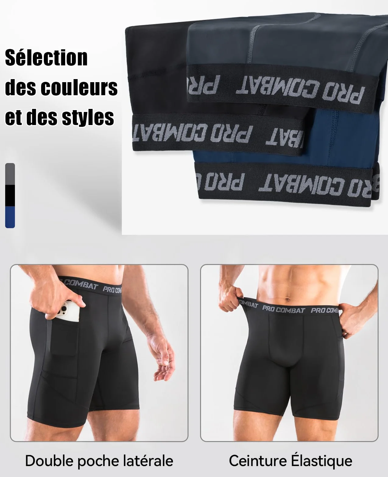 Niksa Short de Compression Homme à Séchage Rapide Respirant Sport Ajusté avec Poches pour Téléphone