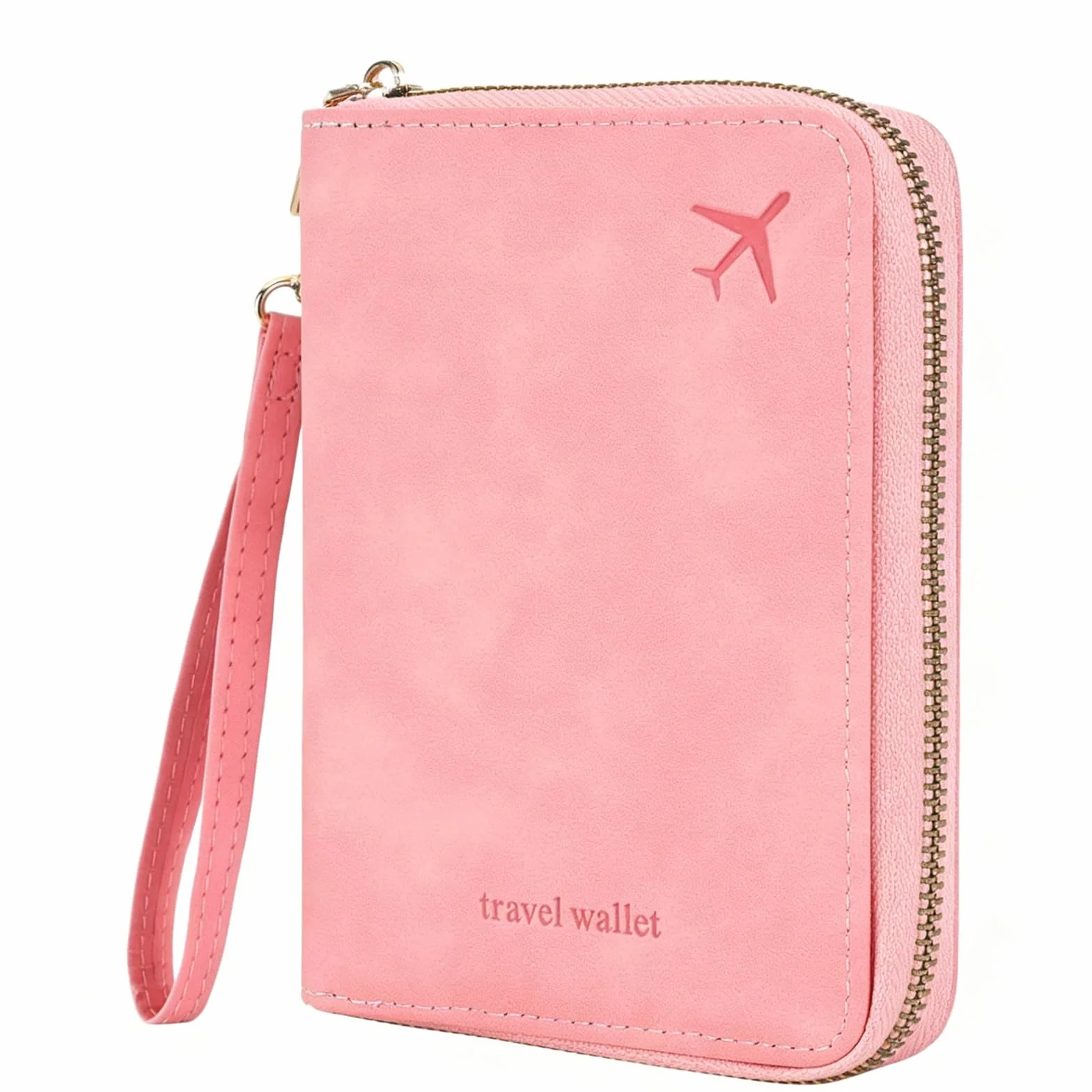 Portefeuille de voyage RFID rose similicuir avec fermeture zippée et sangle de poignet