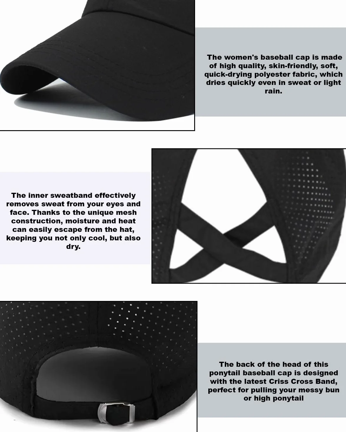 Casquette de Baseball Queue de Cheval, Léger Réglable Séchage Rapide Respirante Anti-UV Noir
