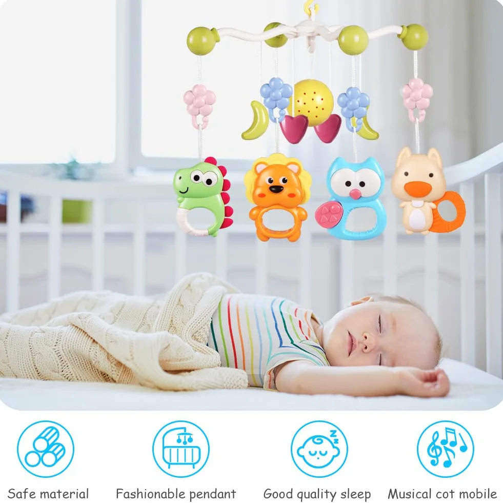 Aolso Mobile Musical Bébé 3-en-1 avec Lumières et Musique, Projecteur pour Lit et Poussette, Cadeau Nouveau-Né