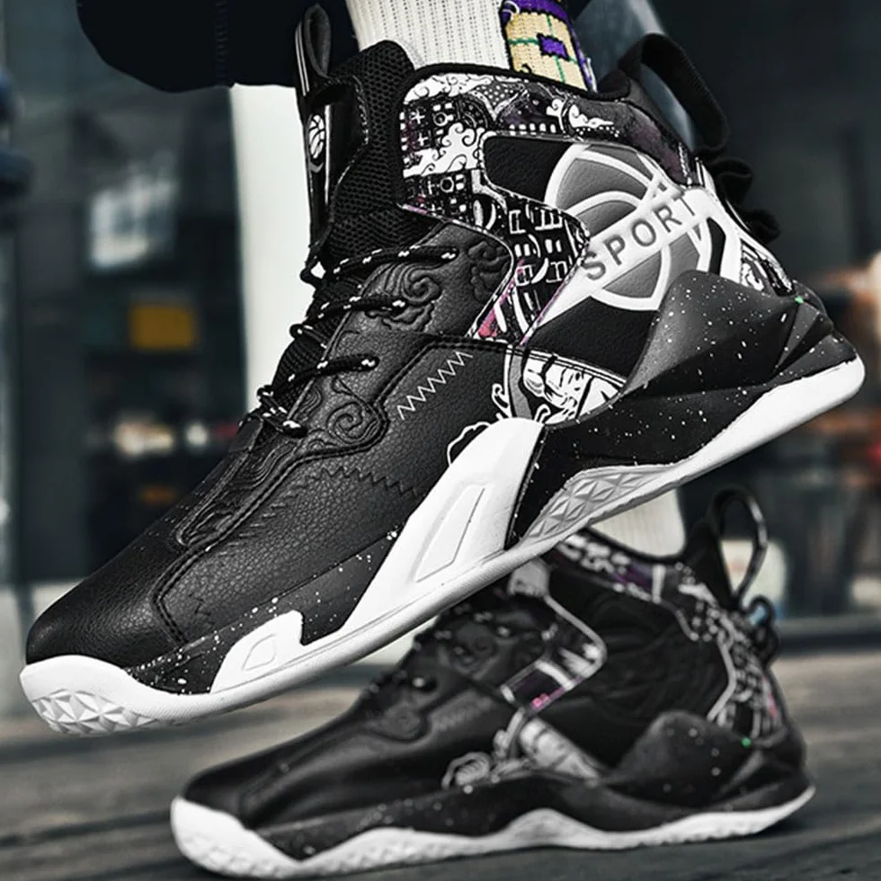 Hixingo Chaussure de Basketball Hommes Hautes Sneakers Baskets Mode Style Graffiti 36-45 EU