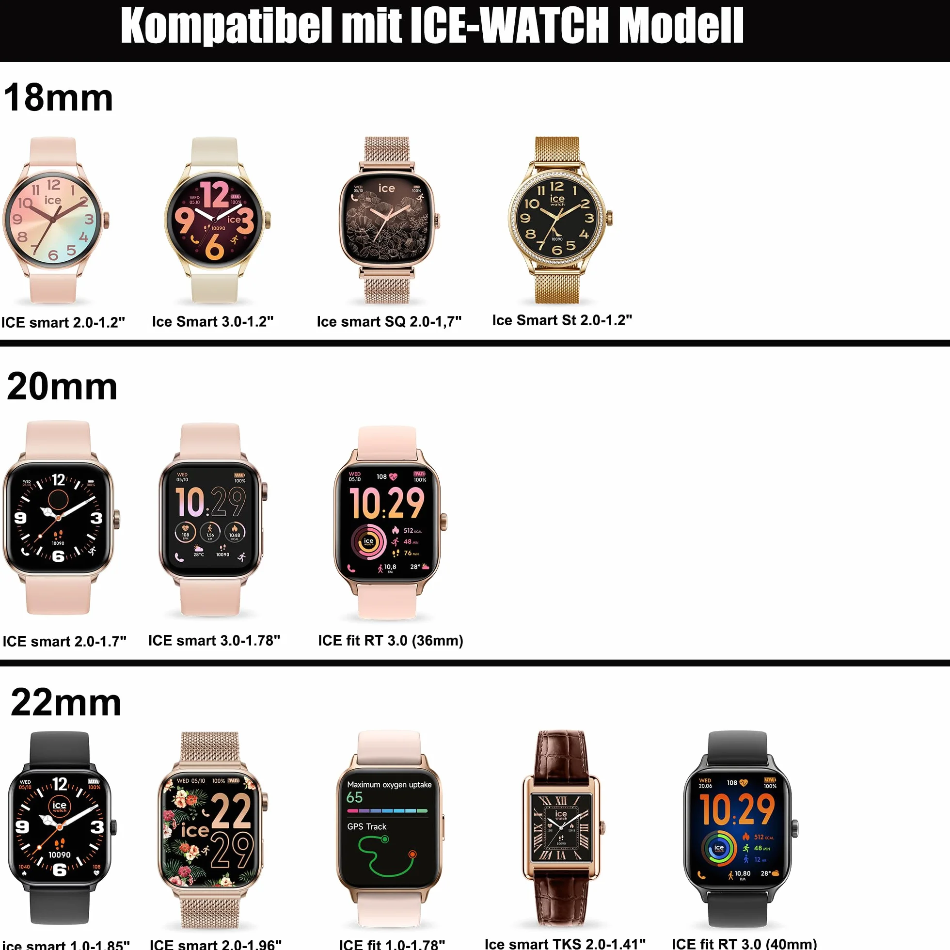 Blueshaweu Bracelet métallique en acier inoxydable pour femme compatible Ice-Watch Ice Smart Series 18 mm 20 mm 22 mm