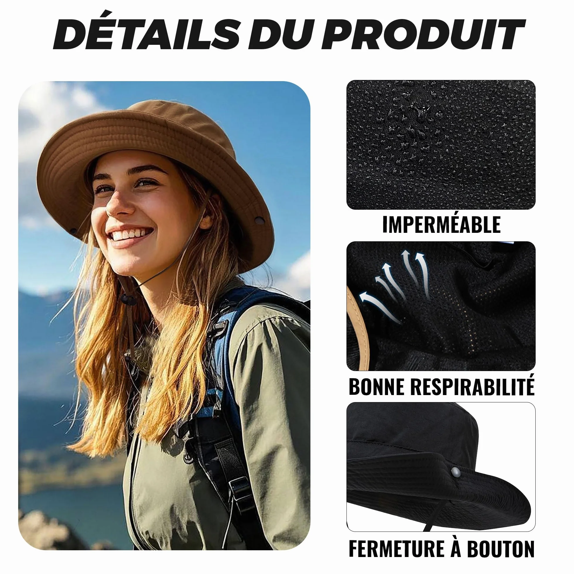 CLAPE Chapeau Imperméable Cow-Boy Pêche Protection UV Large Bord Visiere Soleil