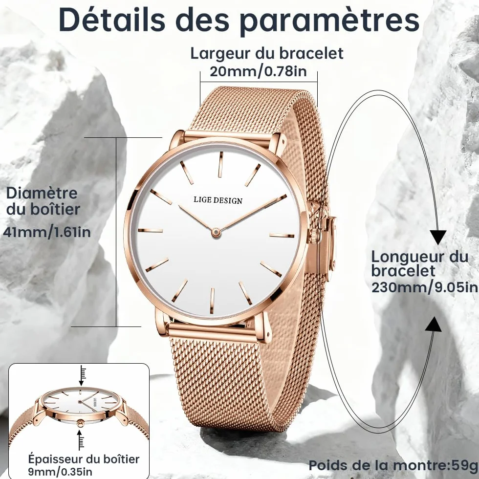 LIGE Montre Femme Ultra-Plate Acier Inoxydable Étanche Grand Cadran Analogique Quartz