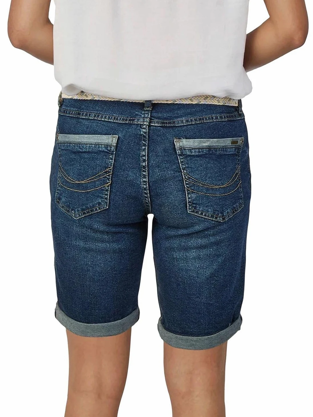 DENIMFY DFLena Short en jean pour femme avec ceinture - Coupe droite - Pantalon d'été en denim stretch - Couleur unie - Bleu - Tailles S, M, L, XL, XXL
