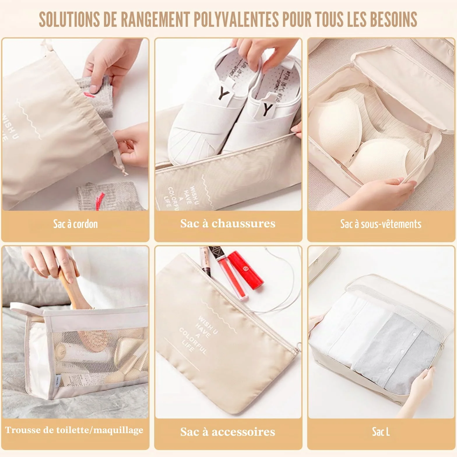 Lot de 9 Organisateur Valise Imperméables Packing Cubes Résistant à la Déchirure Pochette Voyage Beige