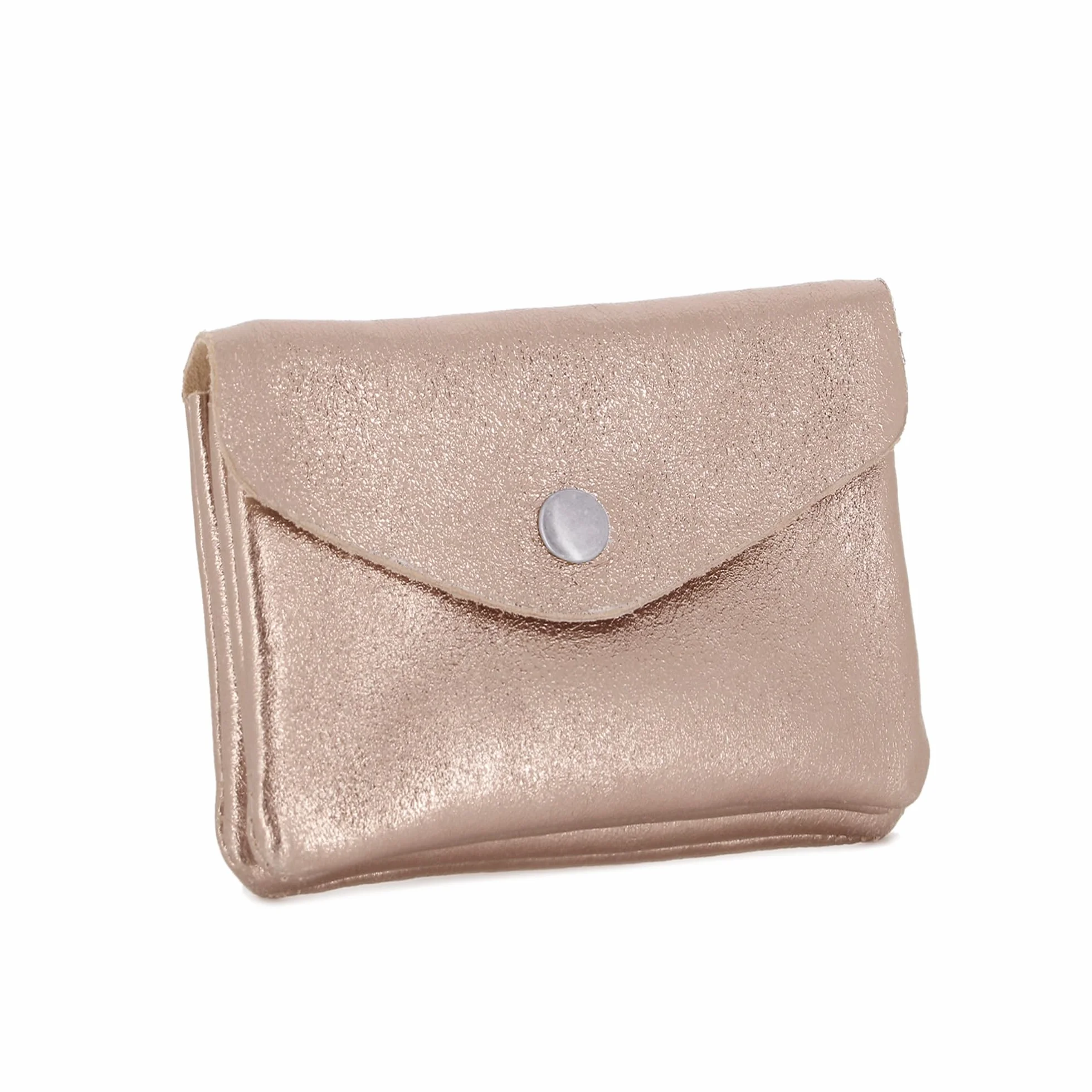 Petit Porte-Monnaie Femme Cuir Irisé Or Rosé Court Mini Portefeuille Fin Italien Brillant Rabat Format Enveloppe Léger Pratique