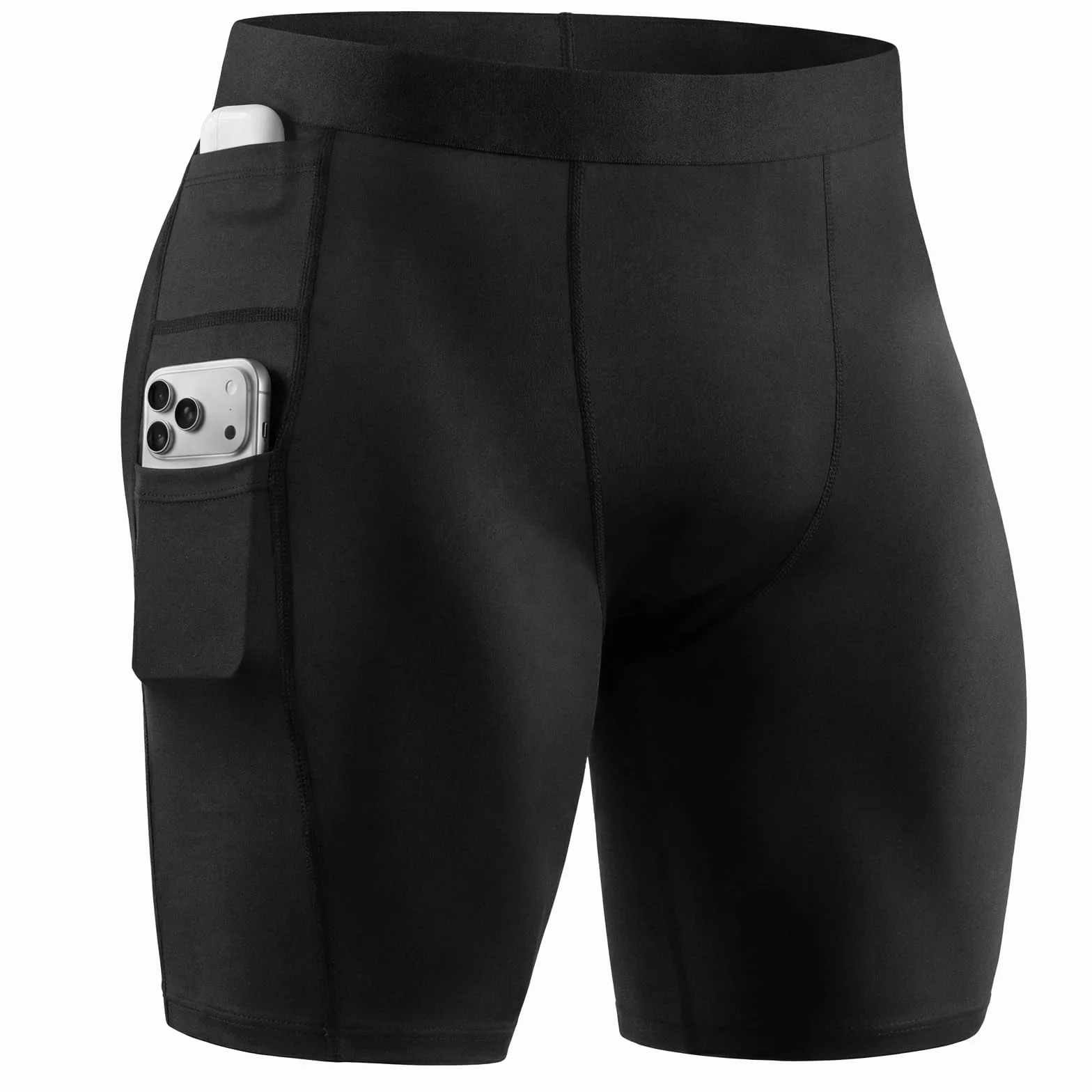 Short de Compression Homme avec Poche Téléphone, Séchage Rapide, Caleçon Sport Base Layer pour Fitness Gym