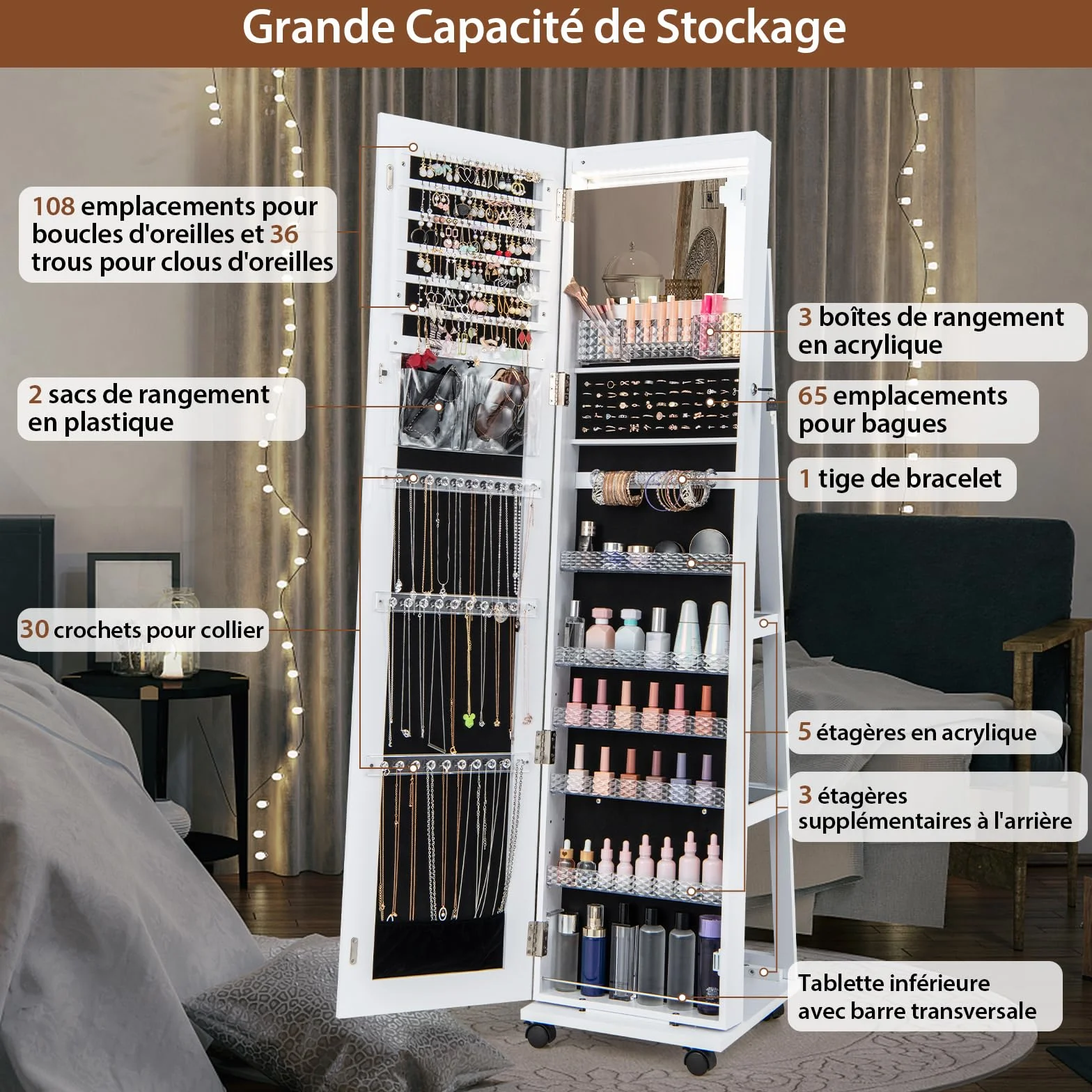 RELAX4LIF Armoire à Bijoux Roulettes 360º Miroir Pleine Longueur LED 5 Étagères Réglables Blanc