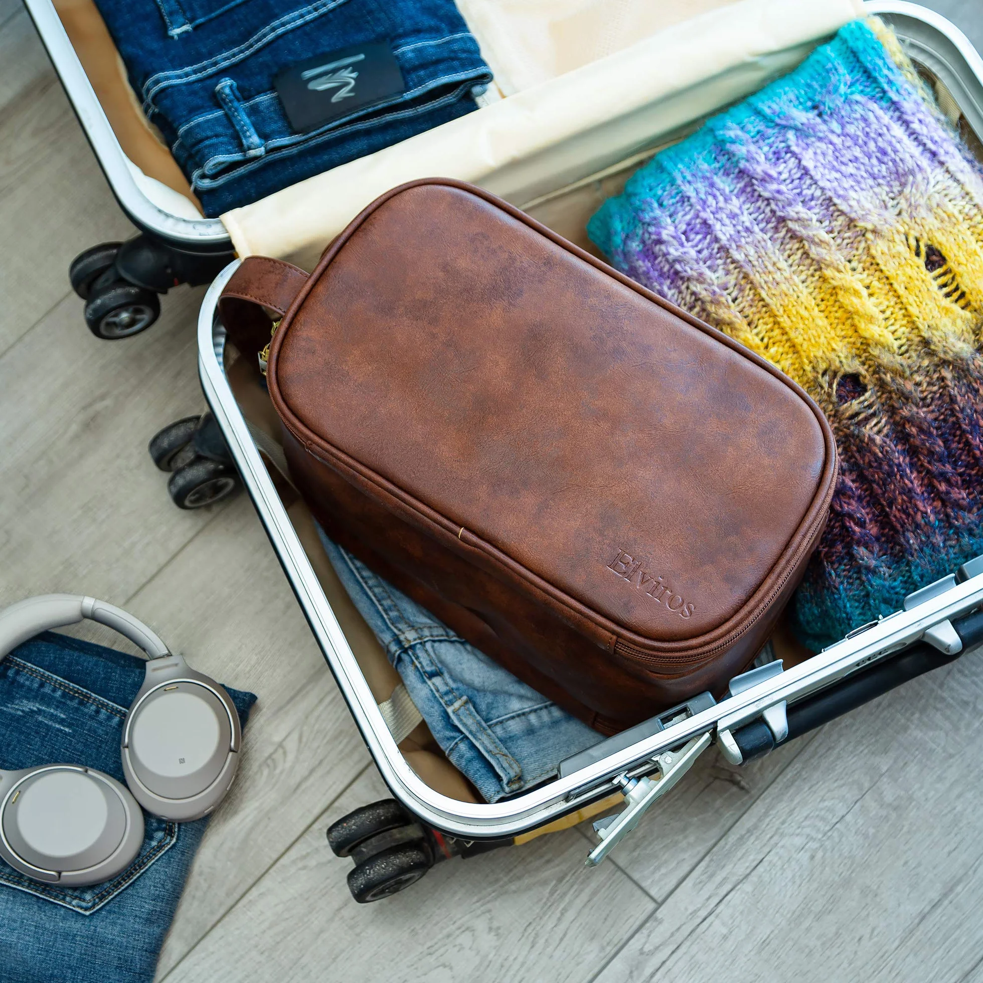 Grande Trousse de Toilette en Cuir résistant à l'eau pour Homme - Kit de Rasage - Organisateur de Voyage