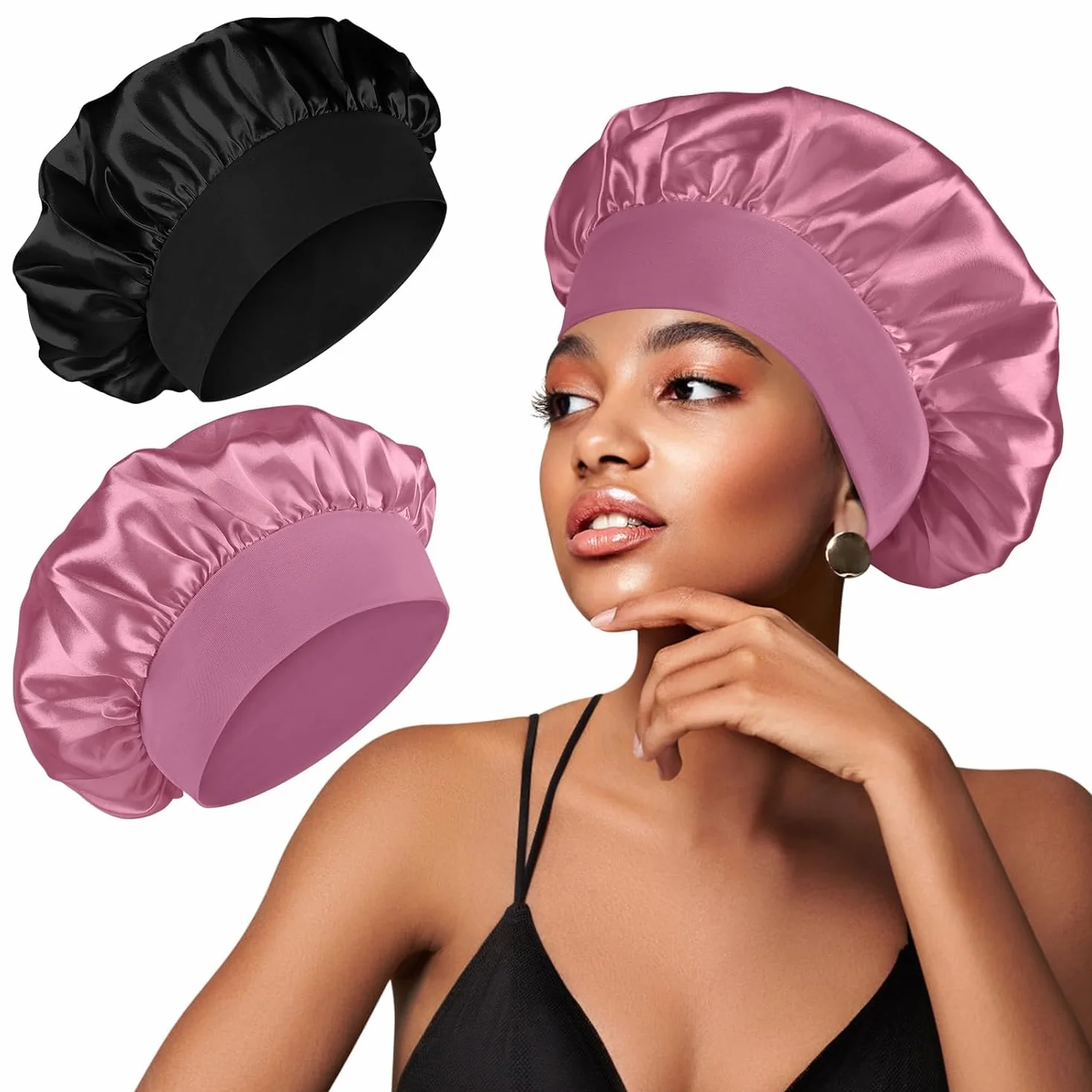 Bonnet Satin Cheveux Nuit Ajustable Élastique Femme Soin Cheveux Bouclés 2 Pièces