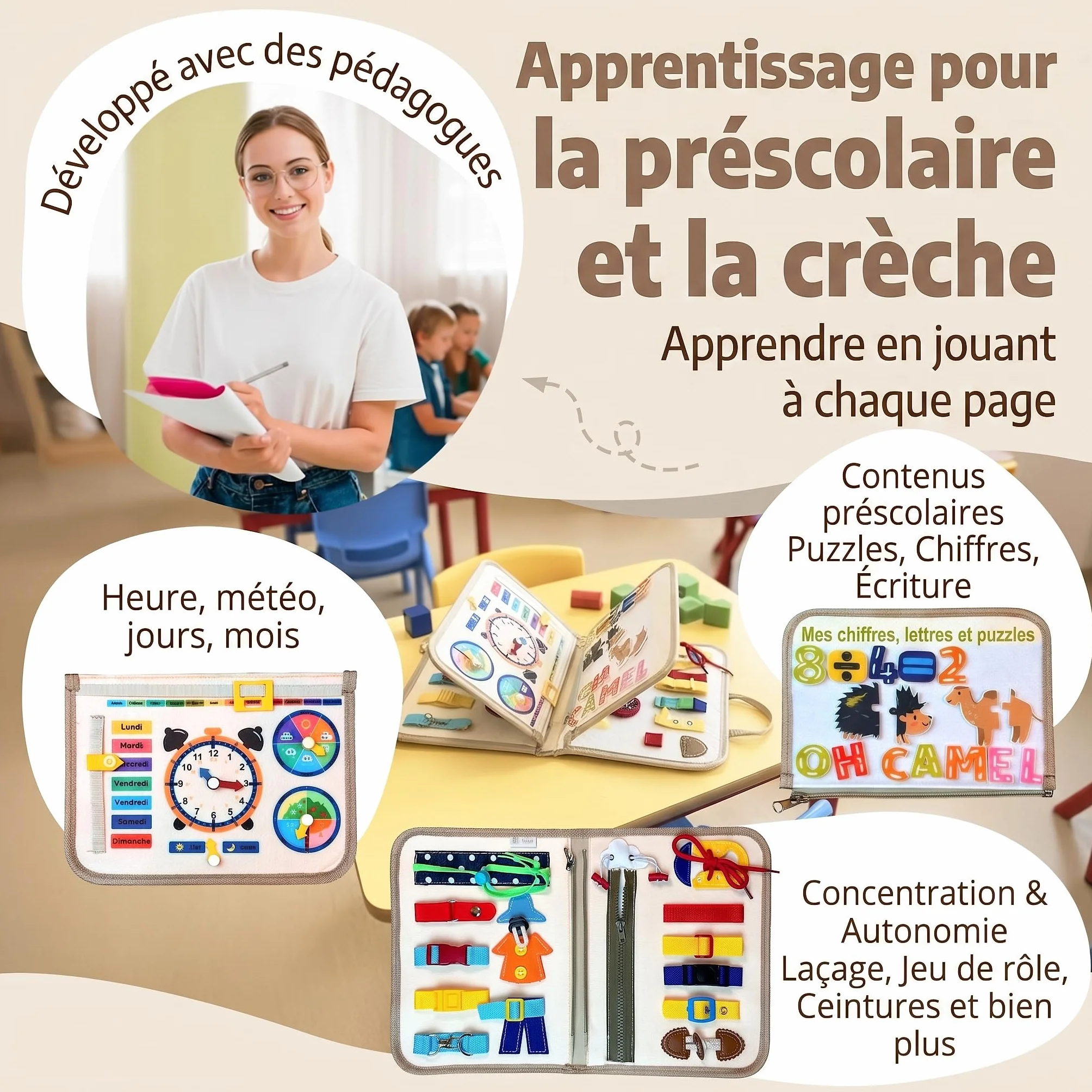 Mallie Montessori Busy Board en Français pour 1 2 3 Ans avec Jeu de Rôle & Marionnettes