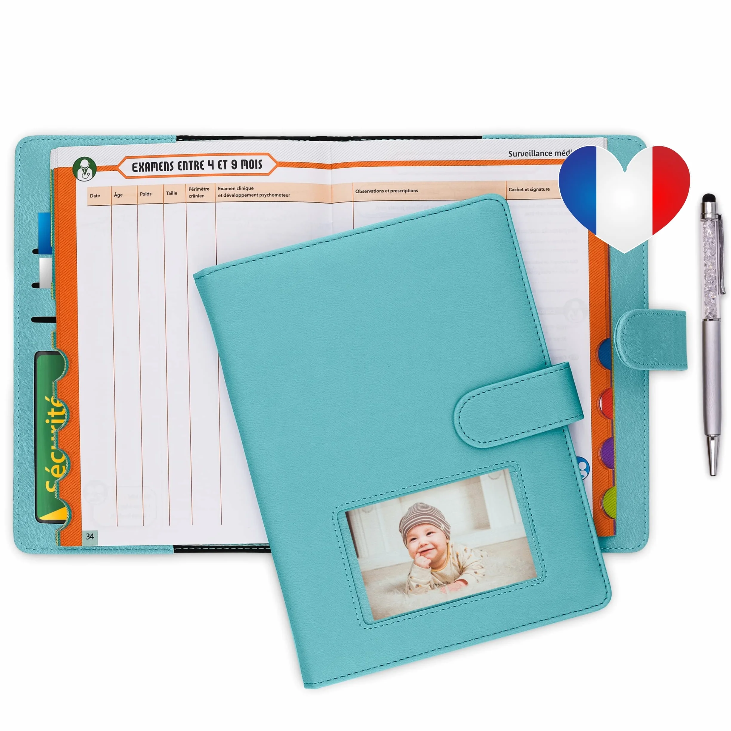Protege carnet de sante bebe enfant personnalise Garcon avec STYLO Couverture carnet Pochette ordonnance carte vitale BONUS autocollants Coffret cadeau naissance original