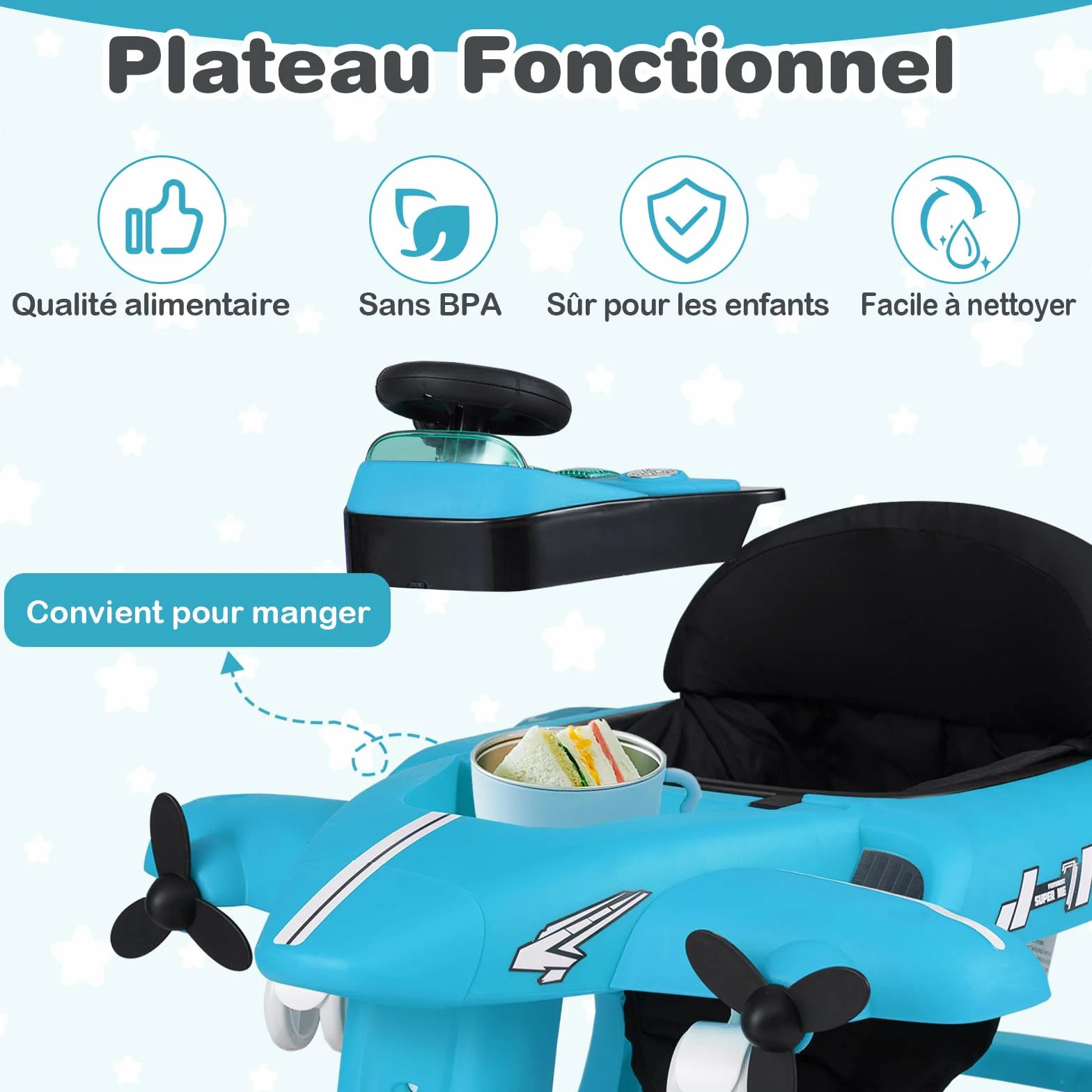 COSTWAY 6 en 1 Trotteur Bébé Pliable avec Hauteur Réglable, Roues Silencieuses, Charge 12kg (Bleu)