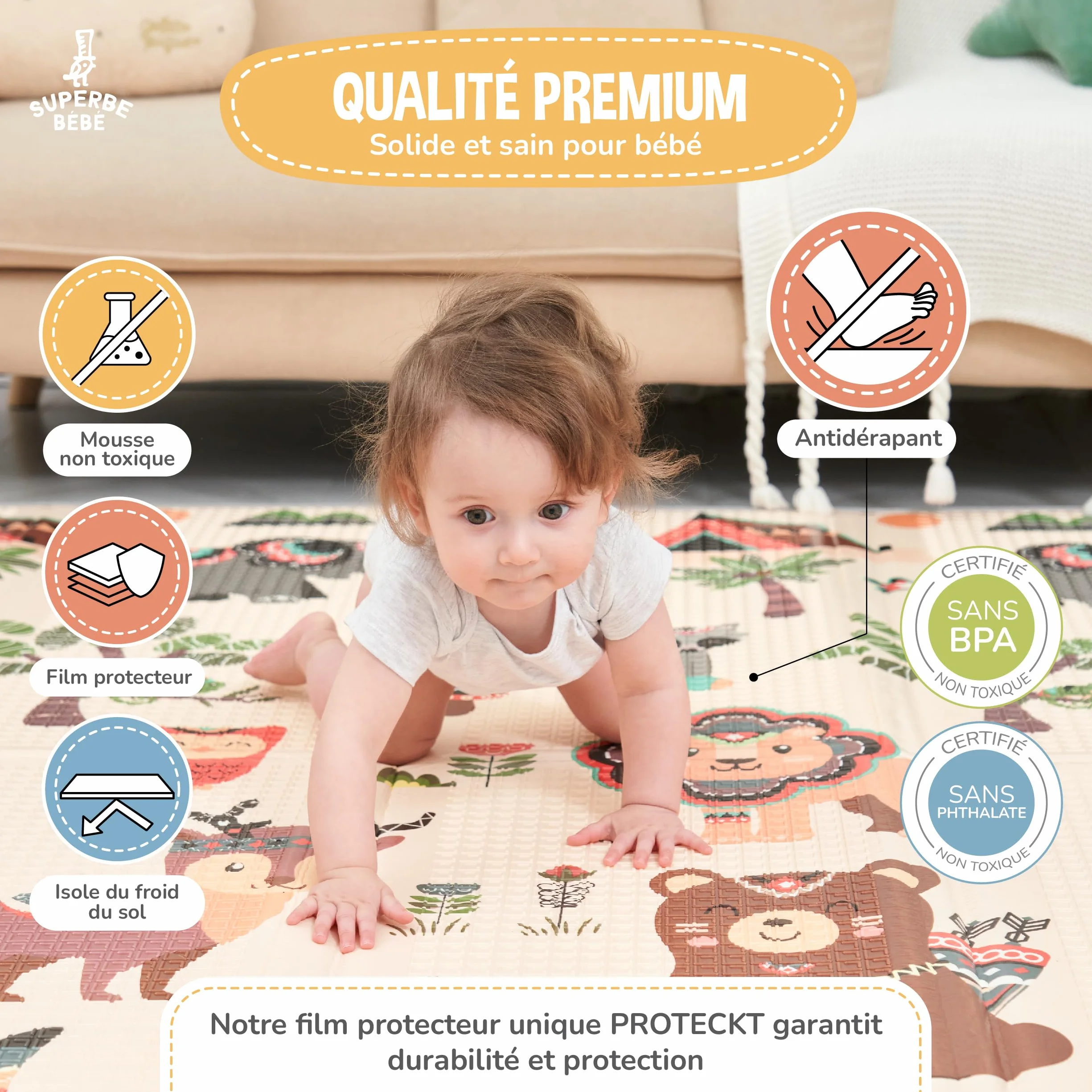 Tapis D'éveil Bébé Pliable Epais Réversible 180x200x1.5cm - Tapis De Jeu XXL En Mousse - Tapis De Motricité Sensoriel
