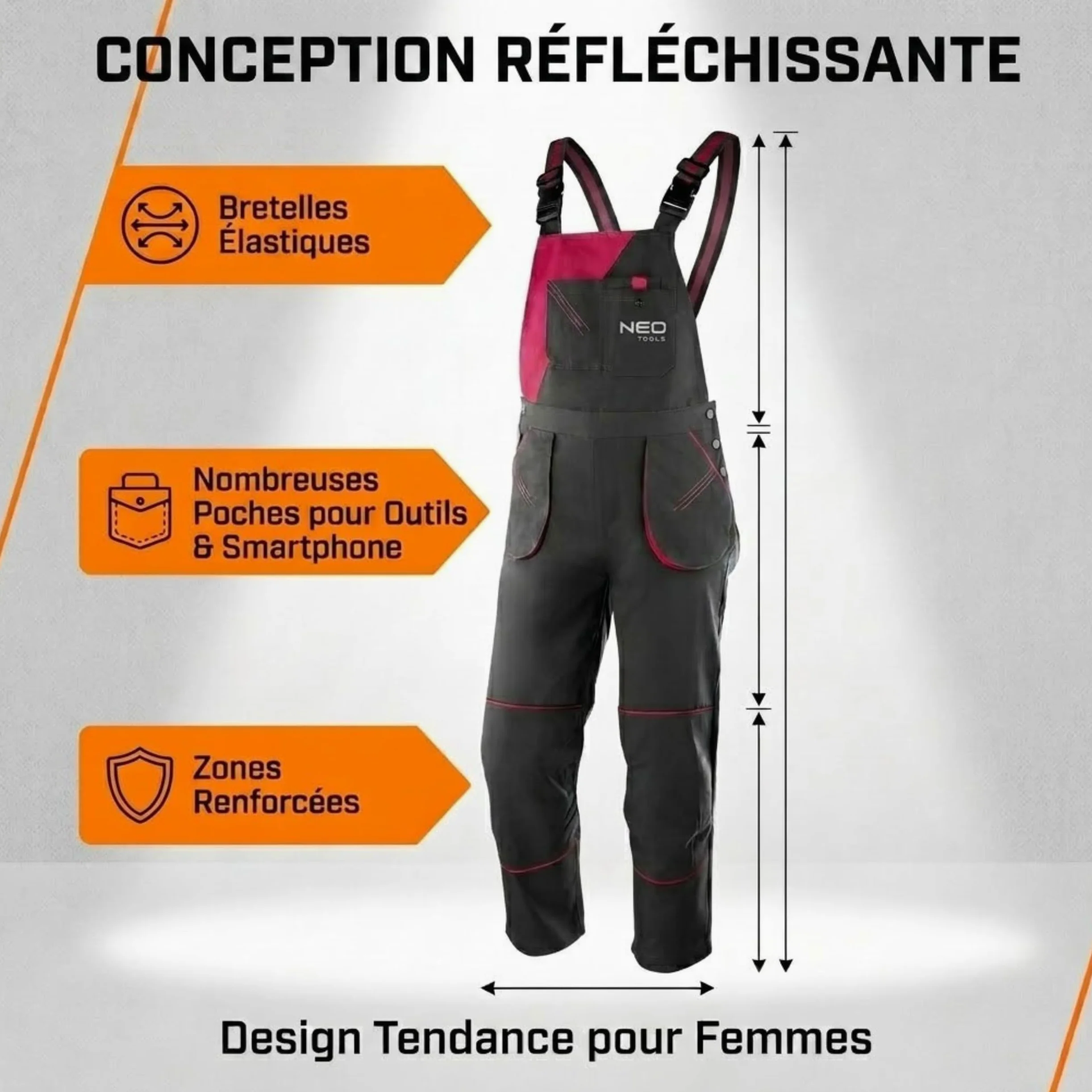 NEO TOOLS Salopette de travail pour femme Line Taille S à XXL Tissu en coton polyester Bretelles élastiques Poches ISO 13688:2014