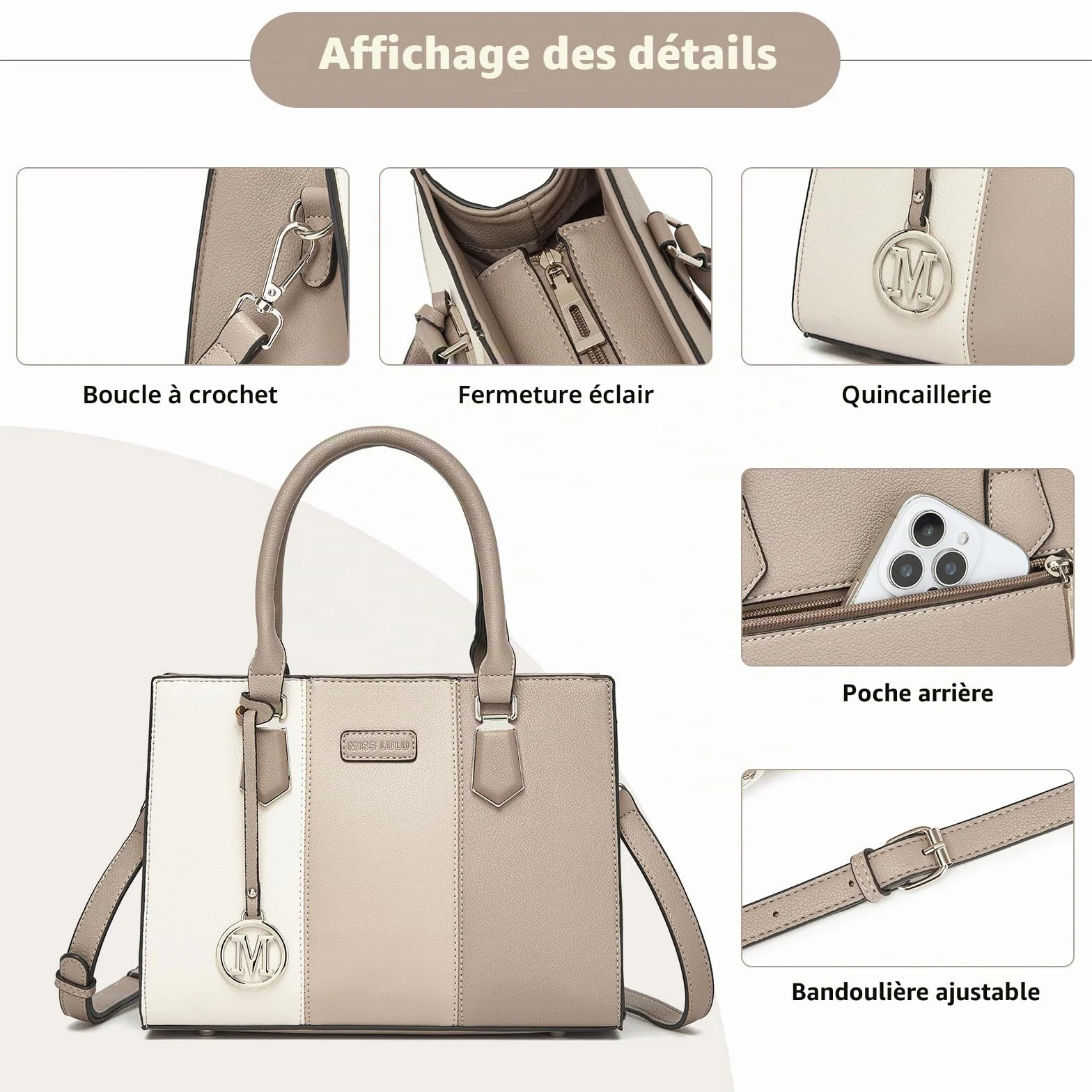 Miss Lulu Sac à Main Femmes Luxe Bandoulière Cabas Tri-Coloré PU