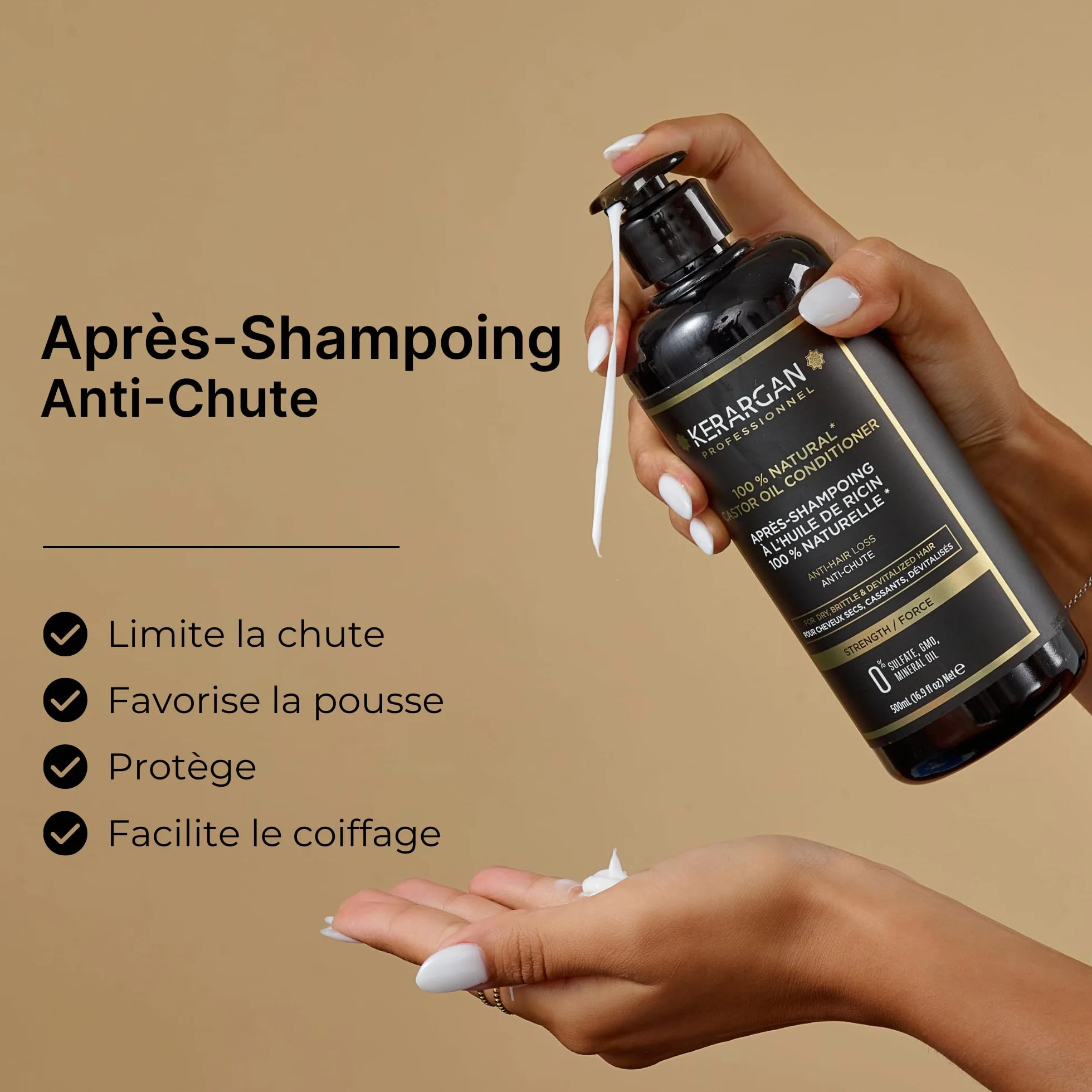 Kerargan Après-Shampoing Anti-Chute Huile de Ricin Démêlant Nourrissant Cheveux Secs Cassants Kératine Huile d'Argan Sans Sulfate 500ml