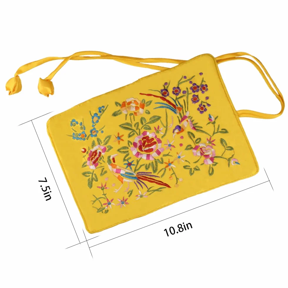 Sac à bijoux de voyage en brocart de soie fleurs et oiseaux avec rubans, fermeture à nouer, jaune