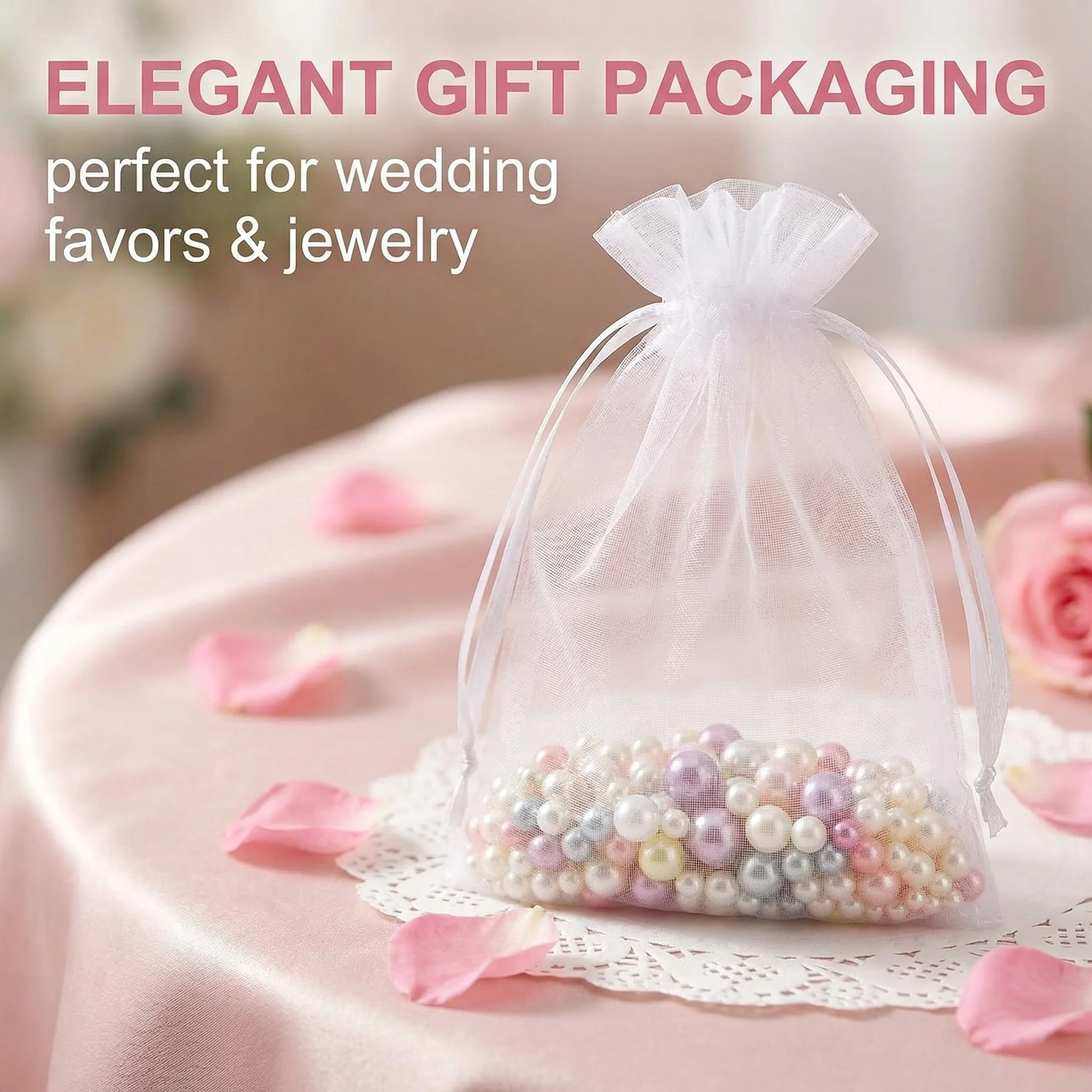 Sachet Organza 50 Pièces 10x15cm Blanc avec Cordon pour Bijoux Cadeaux Mariage