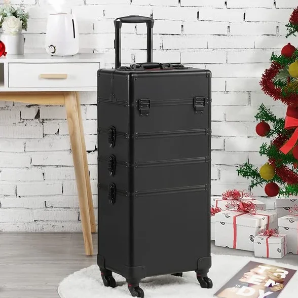 Valise Maquillage Professionnelle 4 en 1 à roulettes, Pivotante 360°, Noir