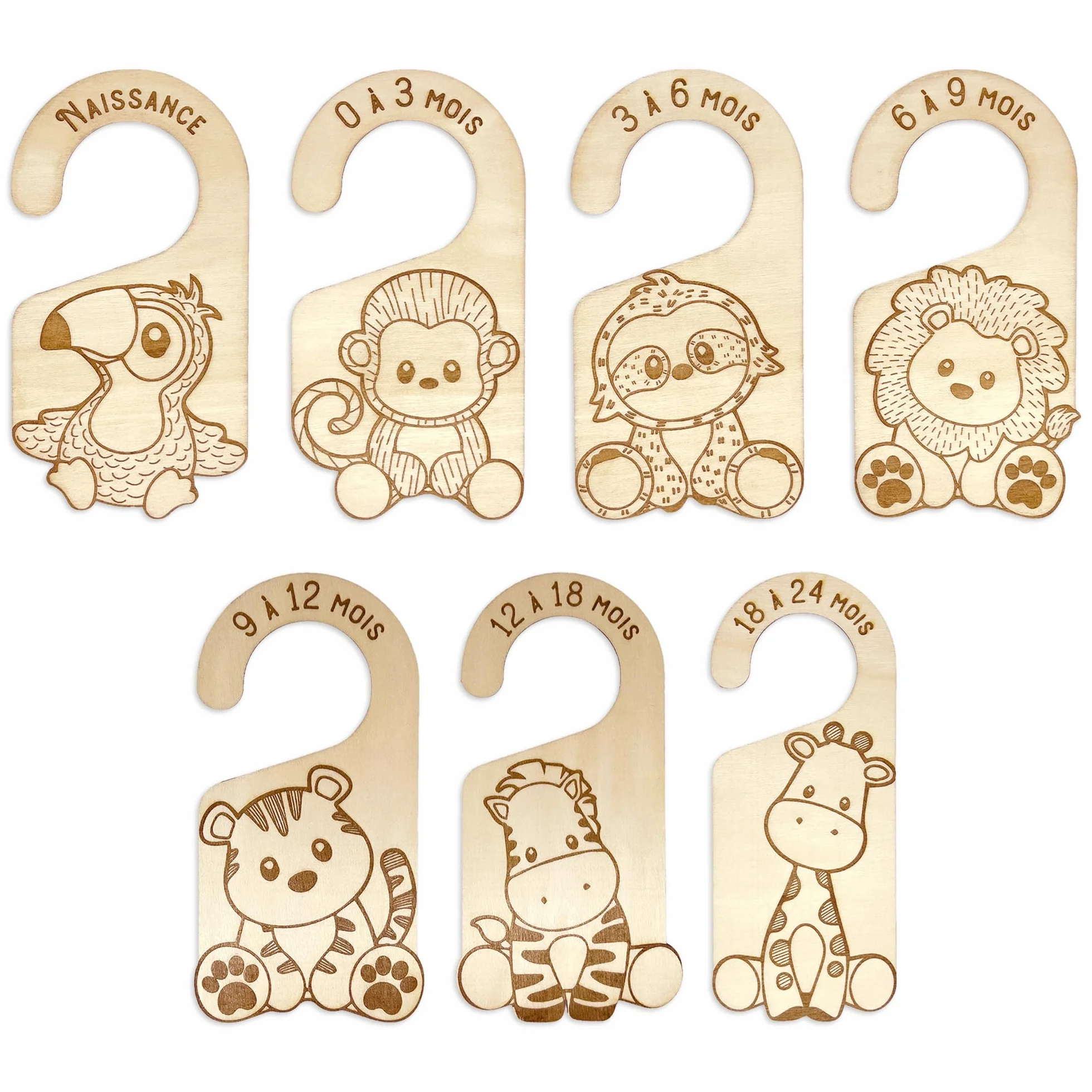Séparateurs de Penderie en Bois pour Bébé, Motifs Animaux Gravés, Kit de 5 ou 7 Pièces, 0-24 Mois