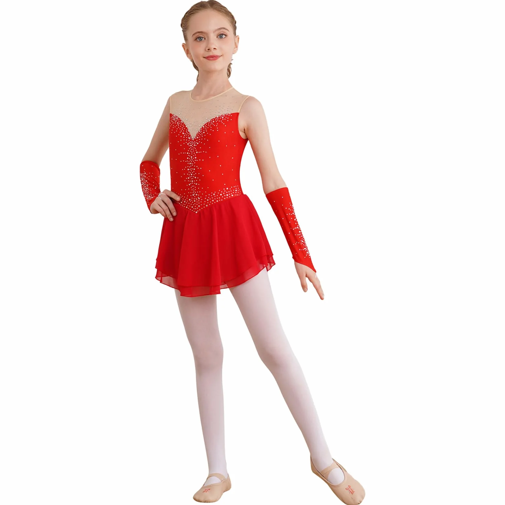 Justaucorps Robe Patinage Artistique Fille Strass Manchettes Danse