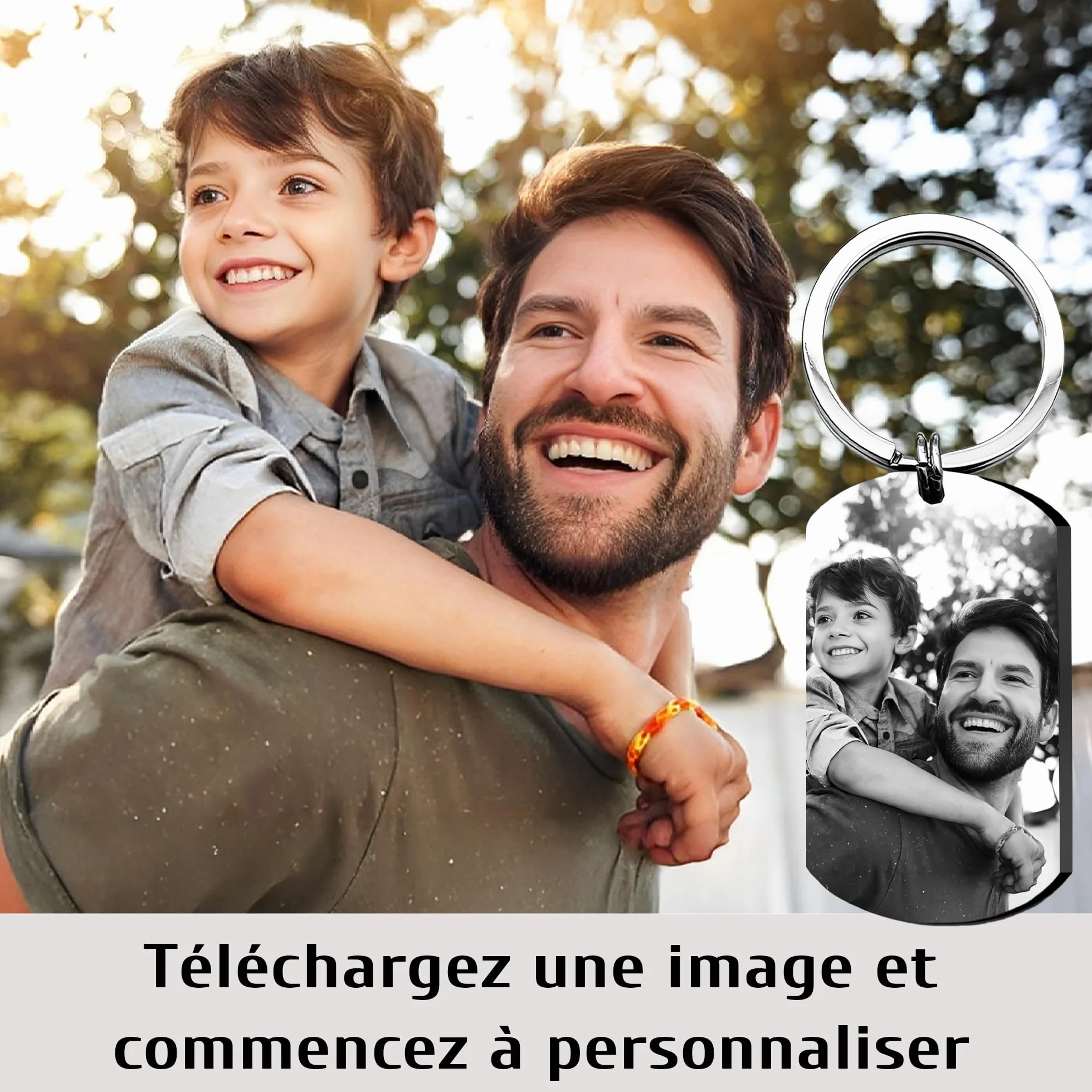 Porte-Clés Personnalisé Photo Texte Gravé Cadeau Fête des Pères Papa Homme
