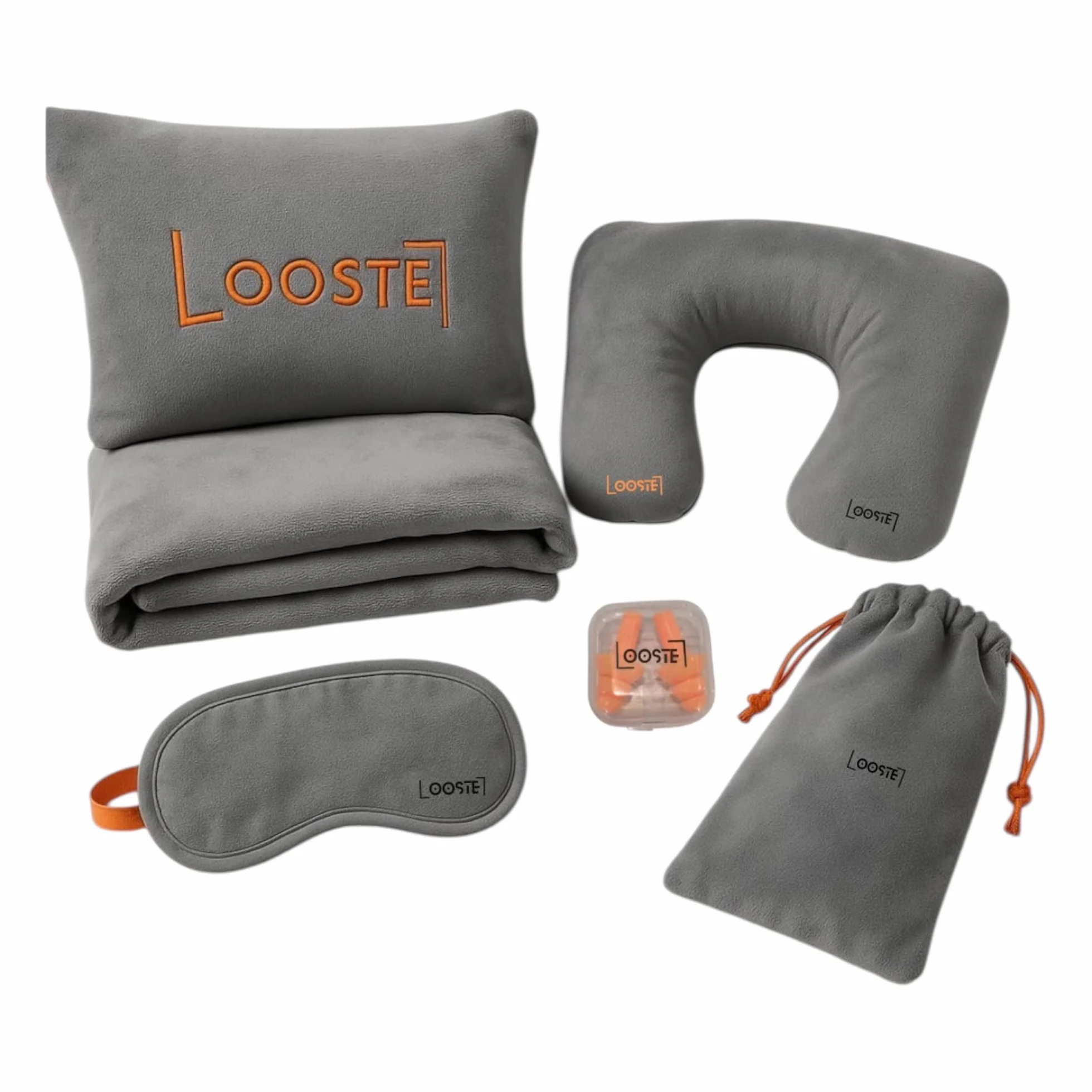 Kit de Voyage 4-en-1 Pliable Compact Couverture Polaire Coussin Gonflable Bouchons d’Oreilles Masque de Sommeil Pochette
