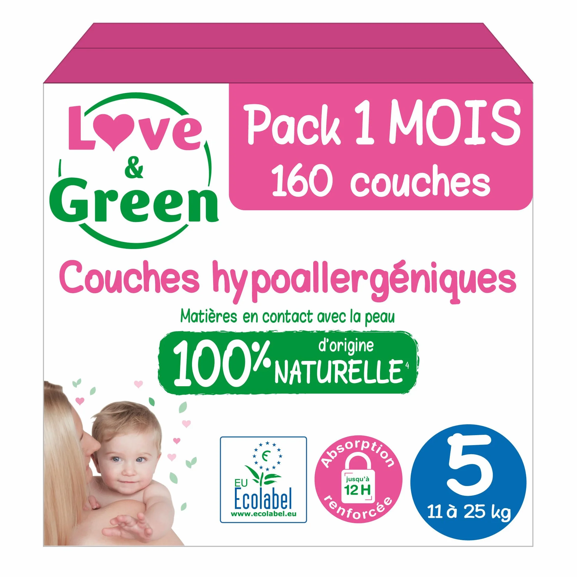 Love & Green Couches Bébé Taille 5 (11-25 Kg) Pack 1 Mois 160 Couches Absorbante Anti-fuites