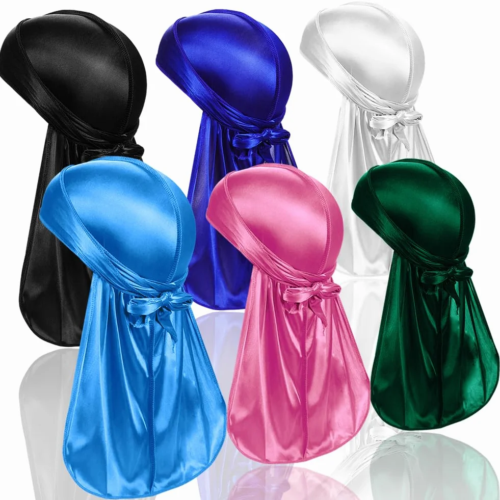 Lot de 6 Durags en Satin pour Hommes avec Longue Queue et Larges Bandes