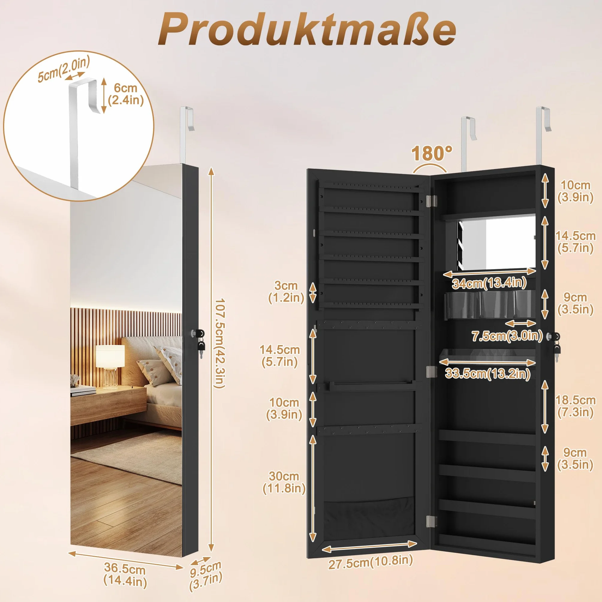 Armoire à bijoux avec miroir murale 2 en 1 107,5 x 36,5 x 9,5 cm Noir