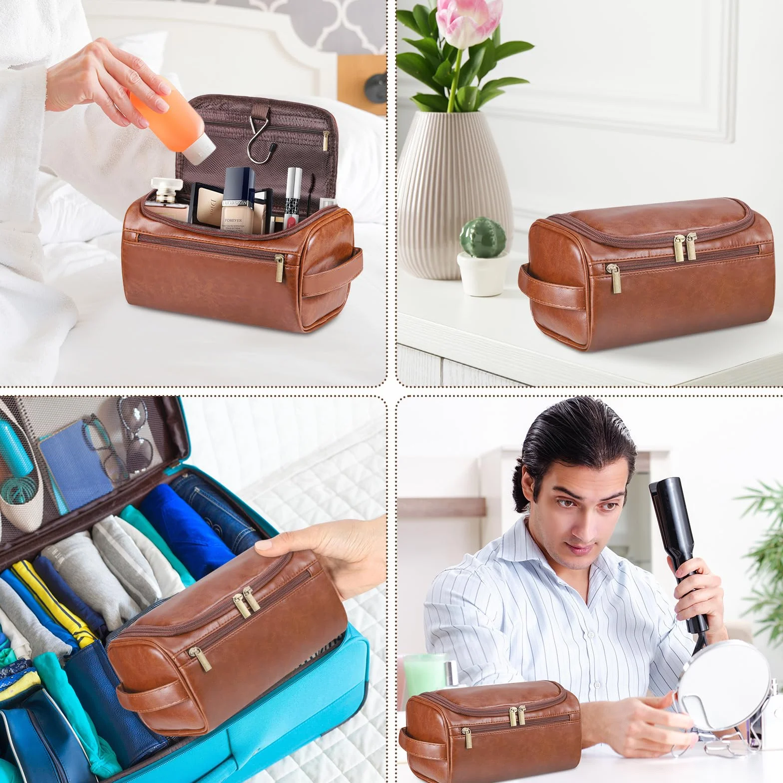 Zocipro Trousse de Toilette Homme Cuir PU Grand Sac Voyage 3 Compartiments Crochet Poignée