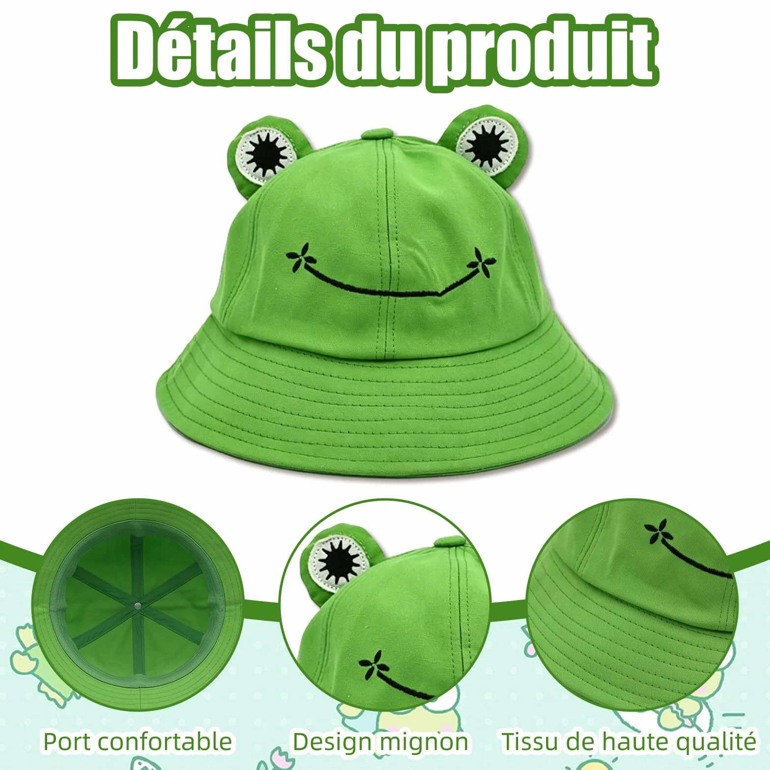 Grenouille Chapeau Bob Vert avec Lunettes Cœur Lot 2 Pièces Pliable Pêcheur Accessoire Soleil Plage Camping Randonnée Fête Été pour Femme Homme Adolescent