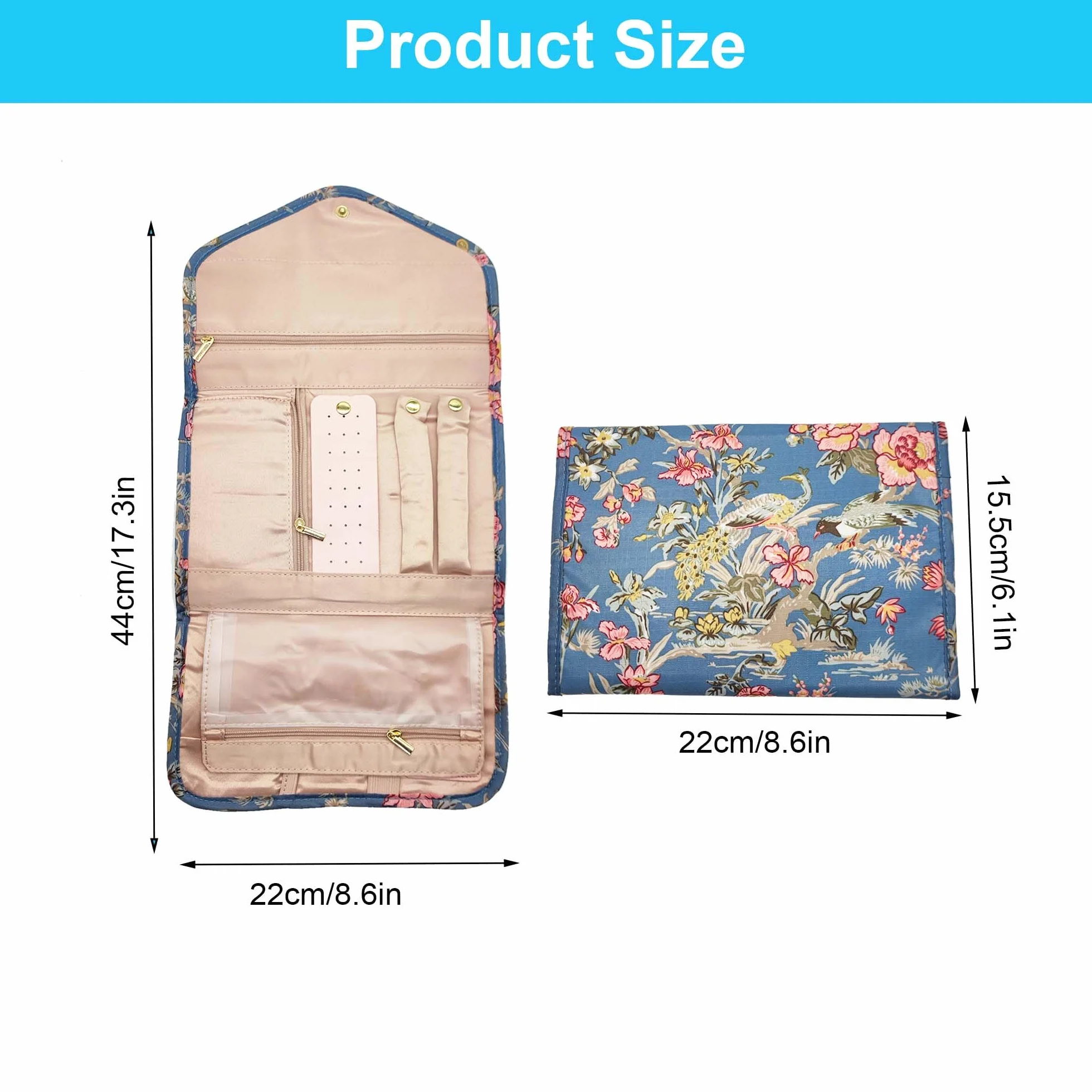 Pochette Rouleaux Bijoux Pliable Organisateur Rangement Bijoux Portable Plusieurs Compartiments Boucles d'Oreilles Colliers Bagues Bracelets (Floral, L)